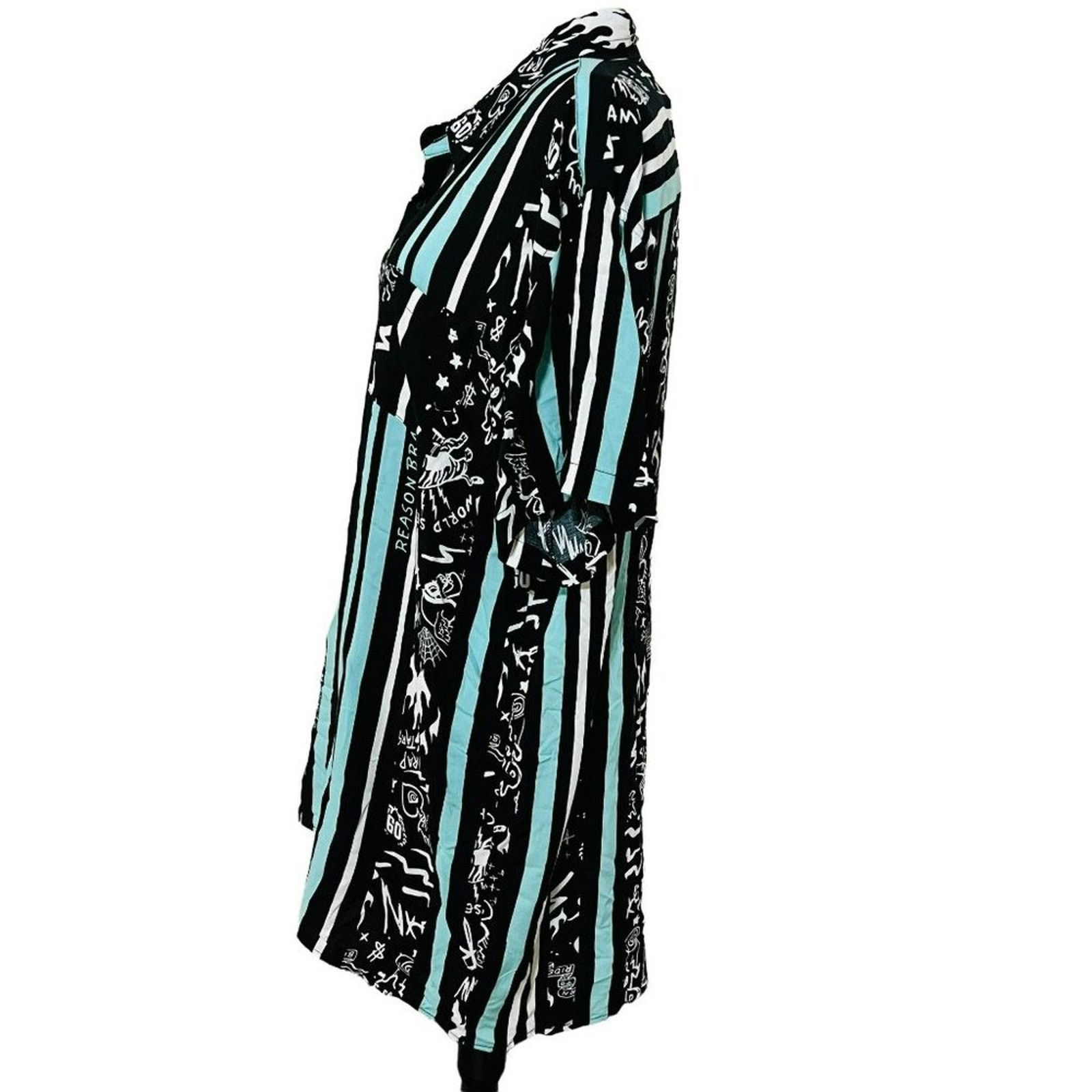 Reason Reasons Black Turquoise Blurry Button Front Shirt 90s Print Size 3XL / US 20-22 - 2 Thumbnail