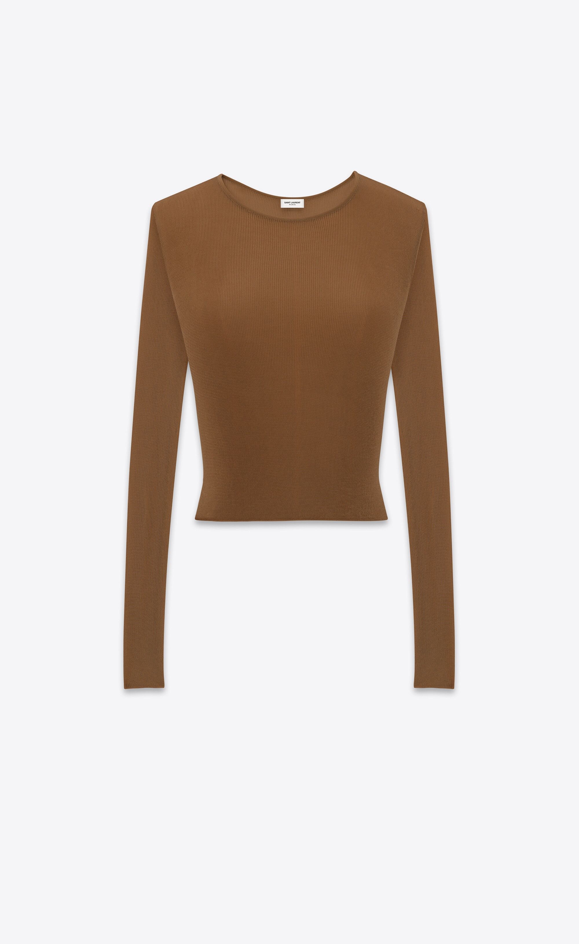 Saint Laurent Paris o1s1wg110425 735702 Cropped Top in Ribbed Knit Sweater Camel Size US L / EU 52-54 / 3 - 1 Thumbnail