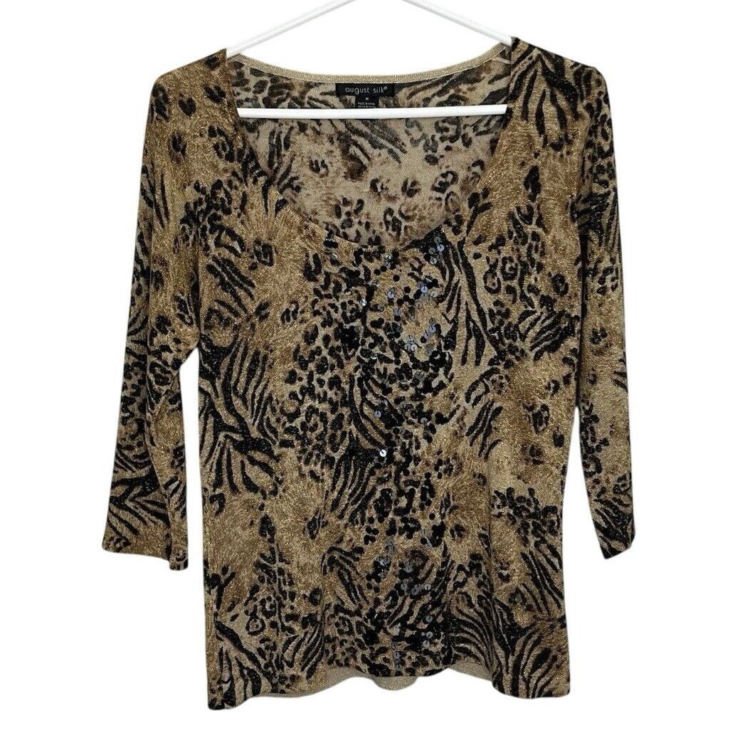 Vintage August Silk | Animal Print Top Sequin Metallic Silk Blend Size M / US 6-8 / IT 42-44 - 1 Thumbnail