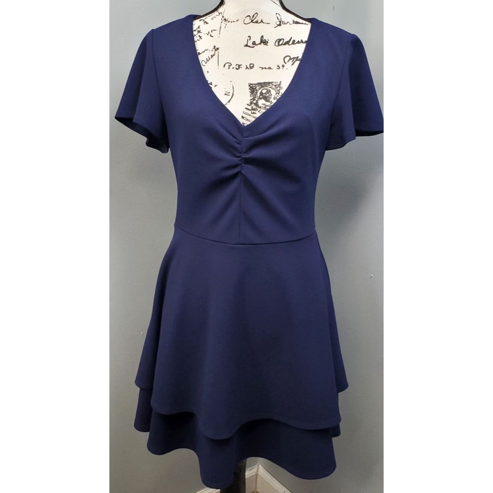 Vintage B. Darlin Womens Navy MiniDress Cap Sleeve Back Zip 13/14 Lined V-Neck Short Size XL / US 12-14 / IT 48-50 - 2 Thumbnail