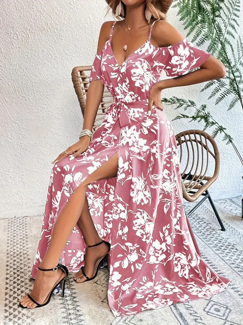 Other Off-Shoulder Split Dress Floral Print Long With Belt dress Size XL / US 12-14 / IT 48-50 - 2 Thumbnail