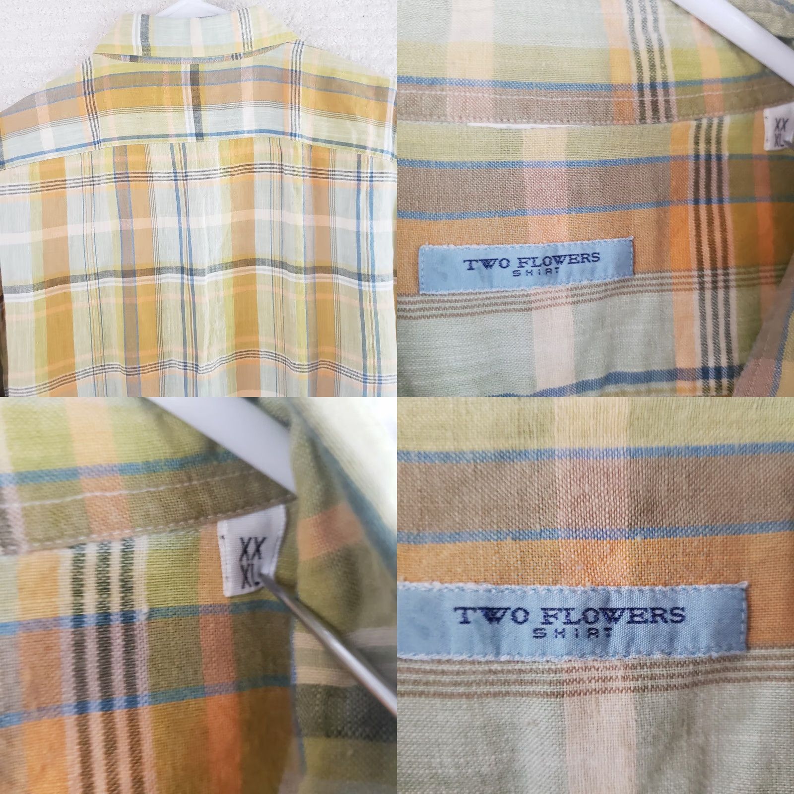 Vintage Two Flowers Linen Blend Camp Shirt Men XL Yellow Green Orange Plaid SS Button Size US XL / EU 56 / 4 - 8 Thumbnail