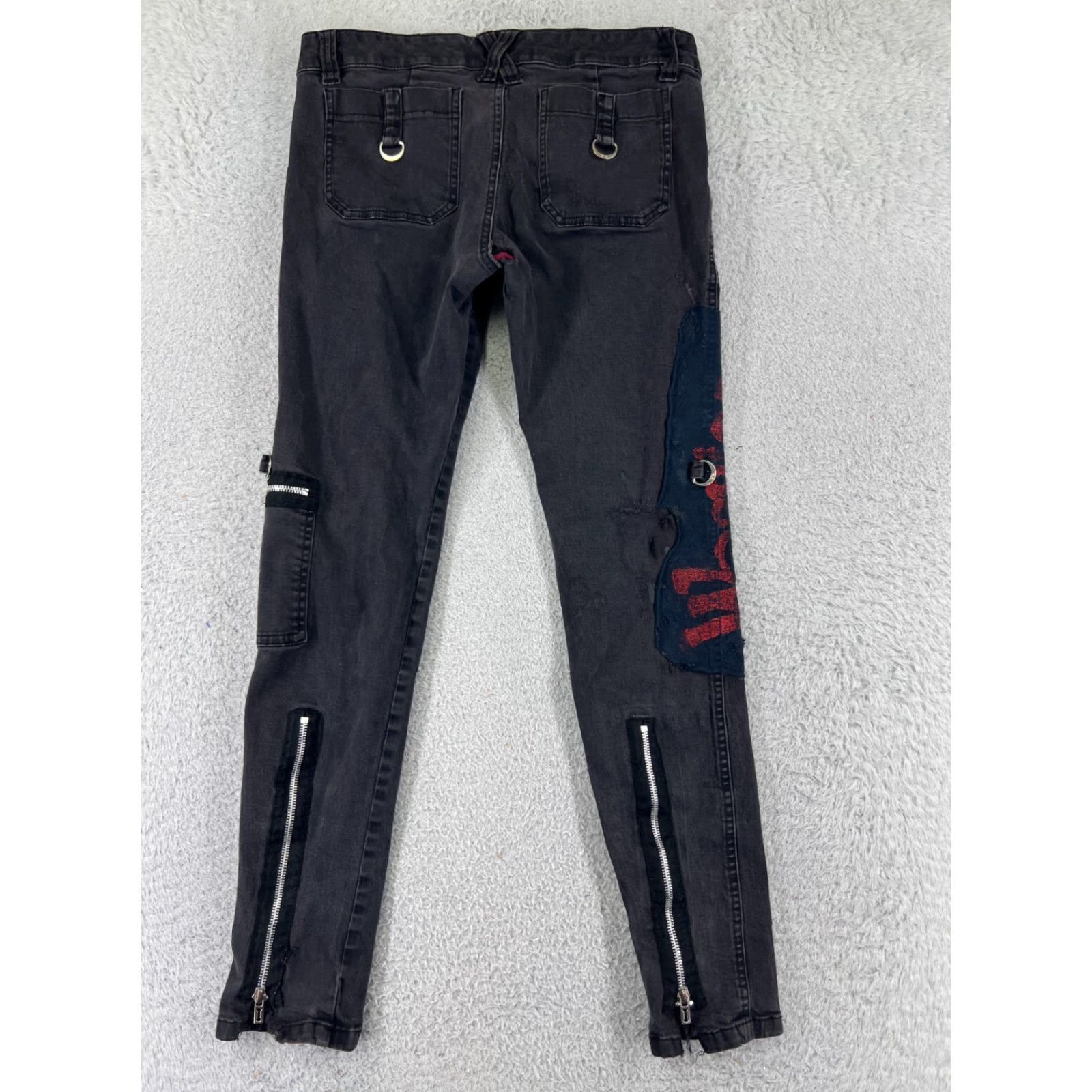 Vintage Royal Bones Womens Black Denim Skinny Jeans 11 Distressed Cargo Button Logo 90s Size 32" / US 10 / IT 46 - 2 Thumbnail
