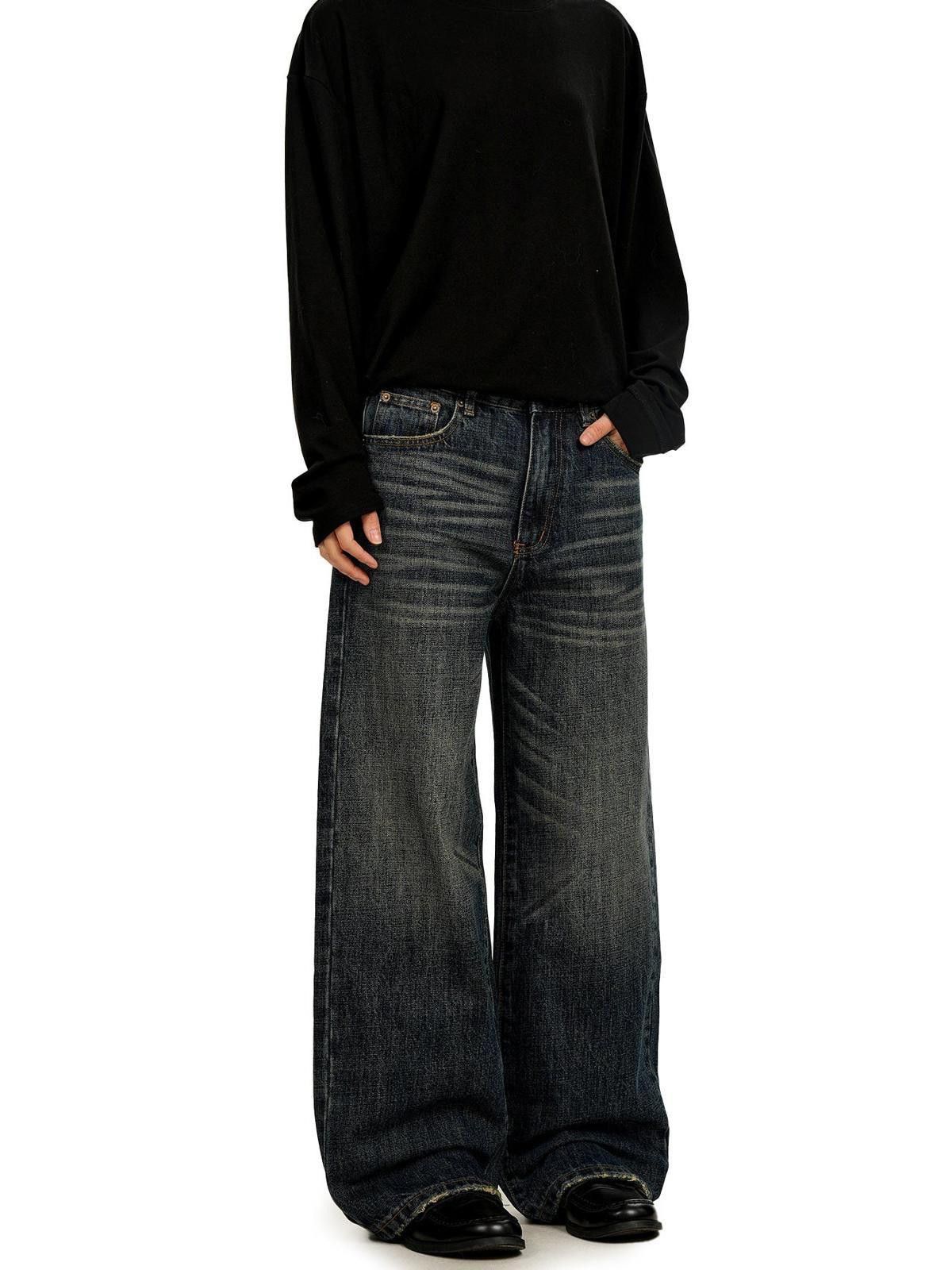Jean Deep Blue Whisker-Wash Straight Wide-Leg Denim Jeans Size US 30 / EU 46 - 3 Thumbnail