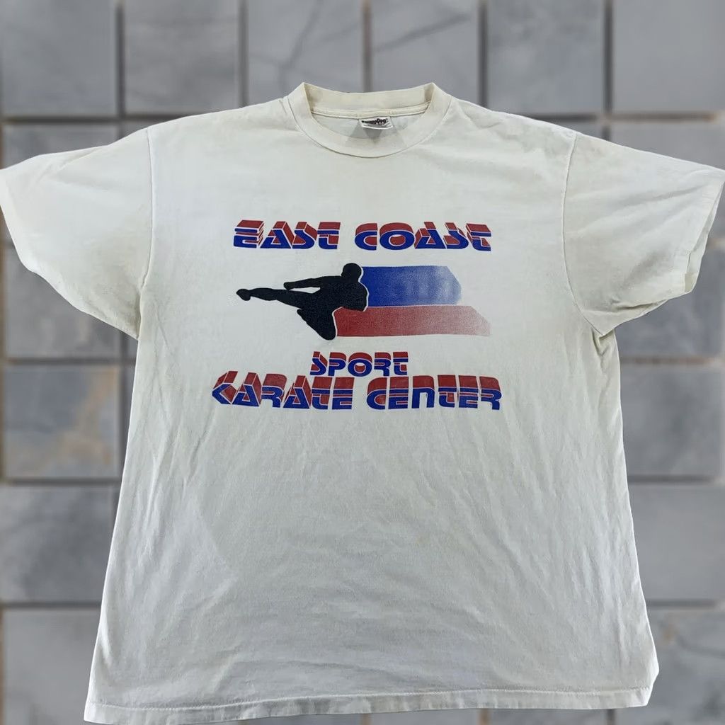 Vintage VINTAGE Distressed East Coast Sport Karate Center T-Shirt L/XL Mens Beige Cotton Short Sleeve Crew Neck Graphic Print 90s Jersey NJ Size US L / EU 52-54 / 3 - 1 Thumbnail
