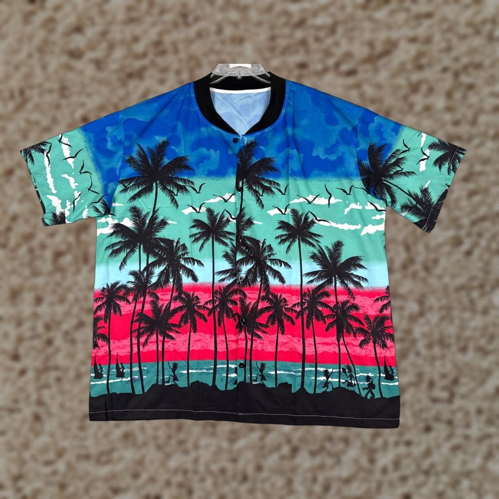 Vintage Hawaiian Shirt Men 2XL Blue Pink Polyester Palm Tree Sunset Short Sleeve Floral Button-Up Casual Size US XXL / EU 58 / 5 - 1 Thumbnail