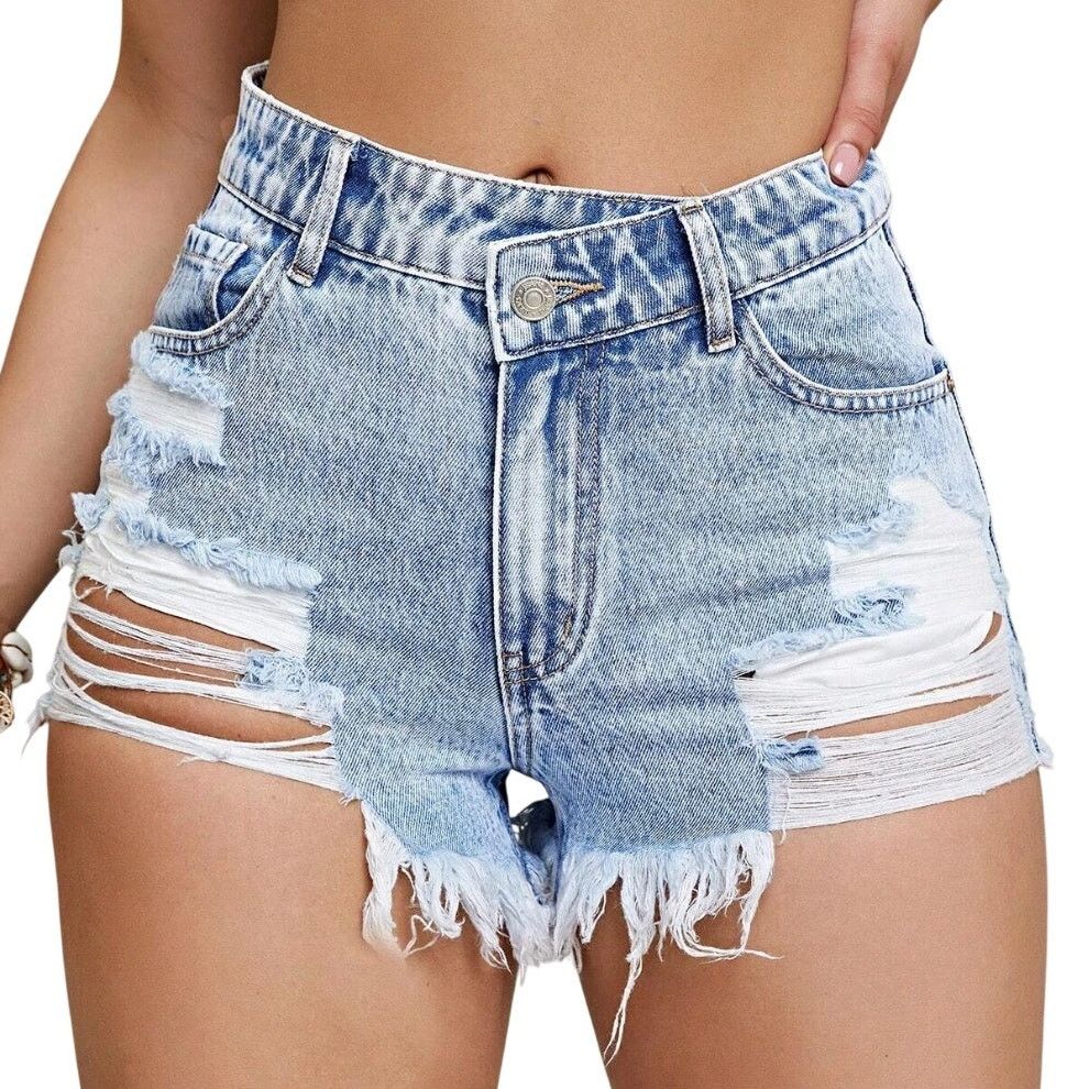 Shein Asymmetrical Waist Ripped Raw Hem Denim Shorts, Size 4/27 Size 27" / US 4 / IT 40 - 1 Thumbnail