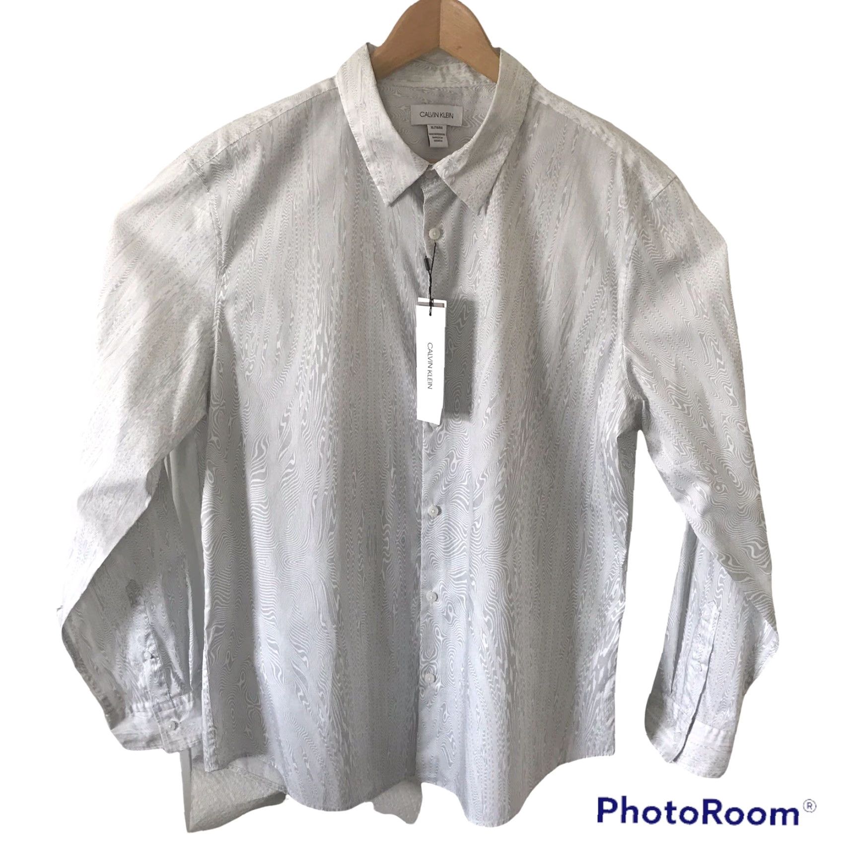 Calvin Klein Calvin Klein Shirt Mens XL White Marble Swirl Stretch Cotton Button Front Long Sleeve Casual Regular Logo Size US XL / EU 56 / 4 - 2 Thumbnail