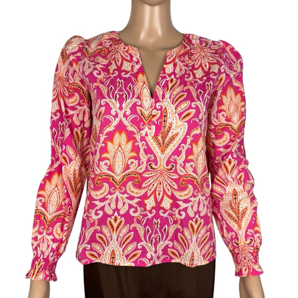 Loft NWT New LOFT Paisley Smocked Cuff V-Neck Cotton Blend Blous Size XS / US 0-2 / IT 36-38 - 3 Thumbnail