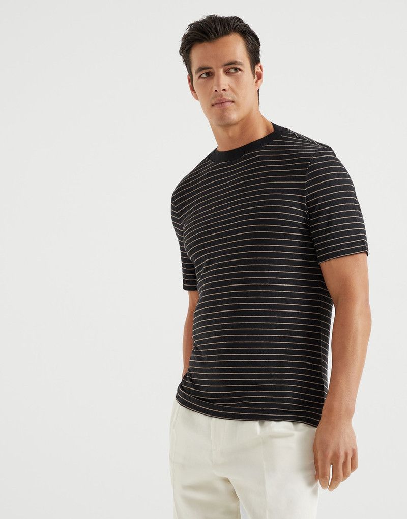 Brunello Cucinelli o1la1rc1a0426 Striped Linen Stretch Boat Neck T-Shirt Size US L / EU 52-54 / 3 - 1 Thumbnail