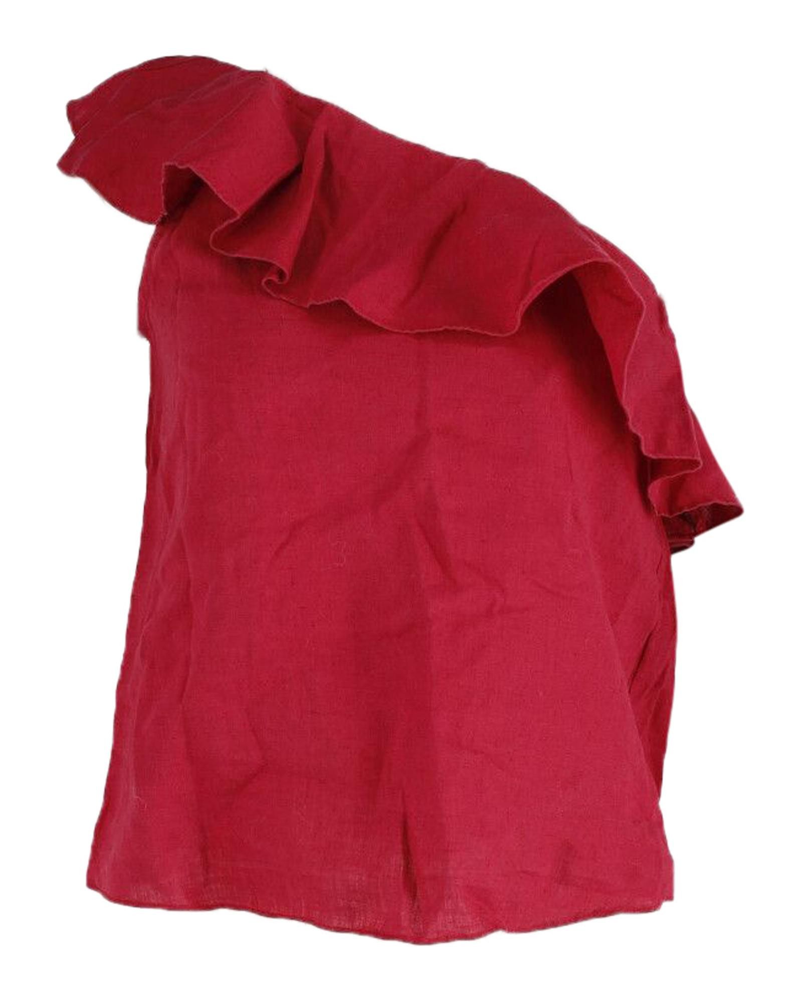 image of Isabel Marant Red Linen One-Shoulder Top With Ruffle Details And Long Sleeves, Women's (Size Small)