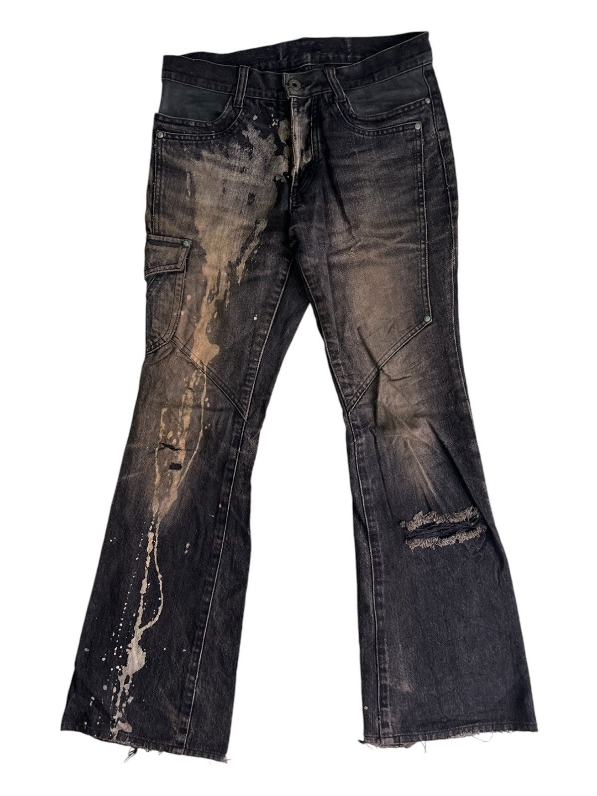 5351 POUR LES HOMMES Y2K Super Flare Dirty Bleach Leather Cargo Mud Wash Jeans Size US 28 / EU 44 - 3 Thumbnail