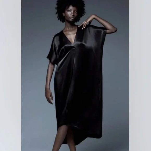 Zara Zara Black Satin Effect V-Neck Tunic Dress Size S / US 4 / IT 40 - 3 Thumbnail