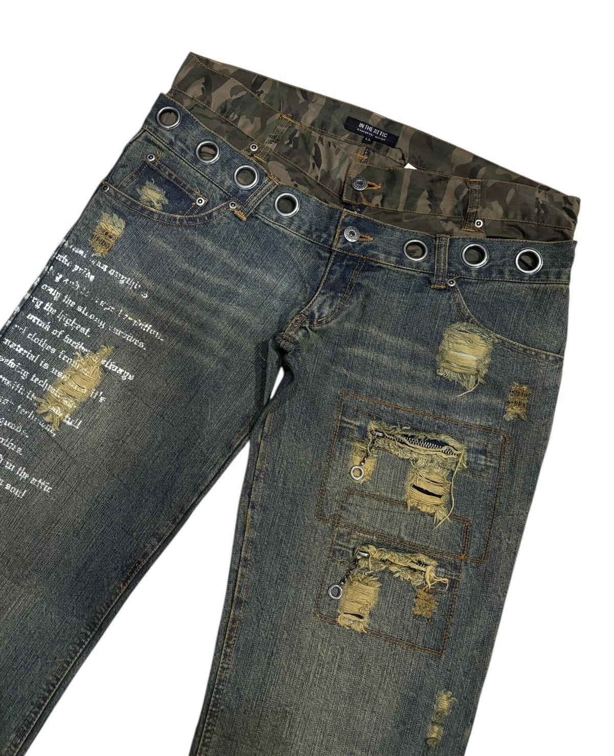If Six Was Nine × In The Attic × Undercover IN THE ATTIC Double Waist Camo Grommet Wide Leg Denim Jeans Size US 35 - 1 Thumbnail