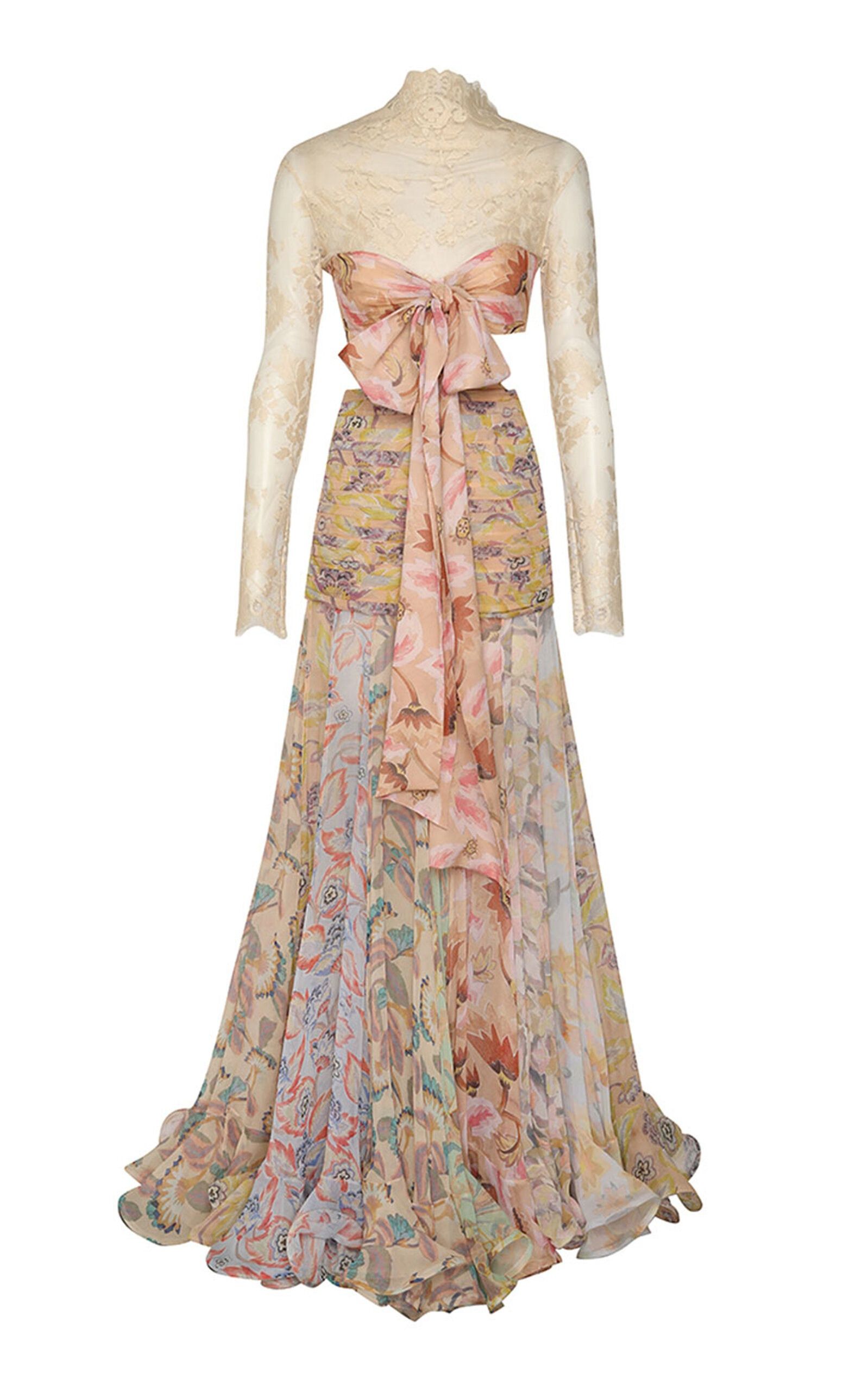 Zimmermann oc11z0925 Eden Bow-Detailed Lace-Chiffon Maxi Dress Size L / US 10 / IT 46 - 1 Thumbnail