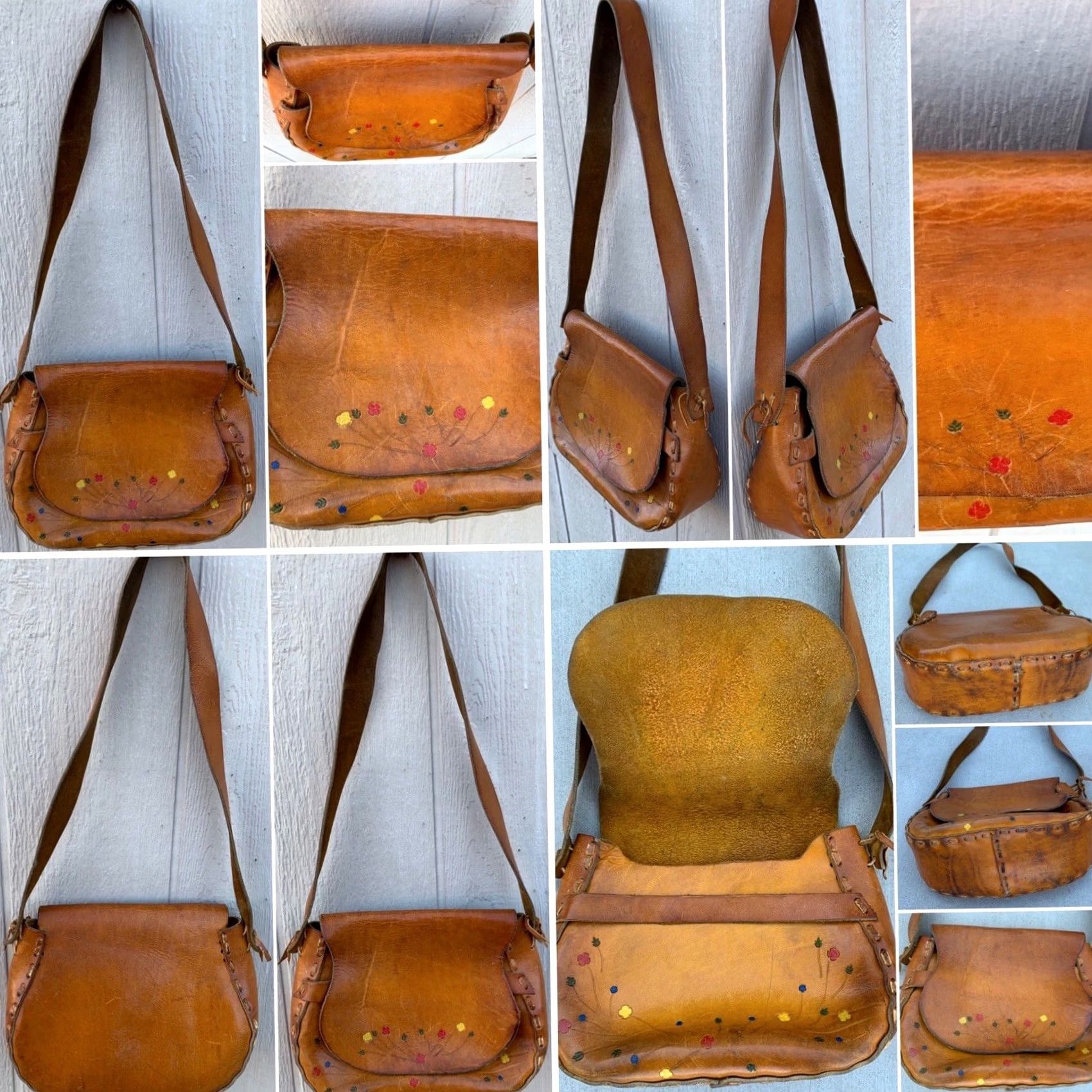 Vintage VINTAGE Leather Purse Tooled Floral Painted Shoulder Bag Hippie Chic Boho Hippy Women Brown 1970s Size ONE SIZE - 7 Thumbnail