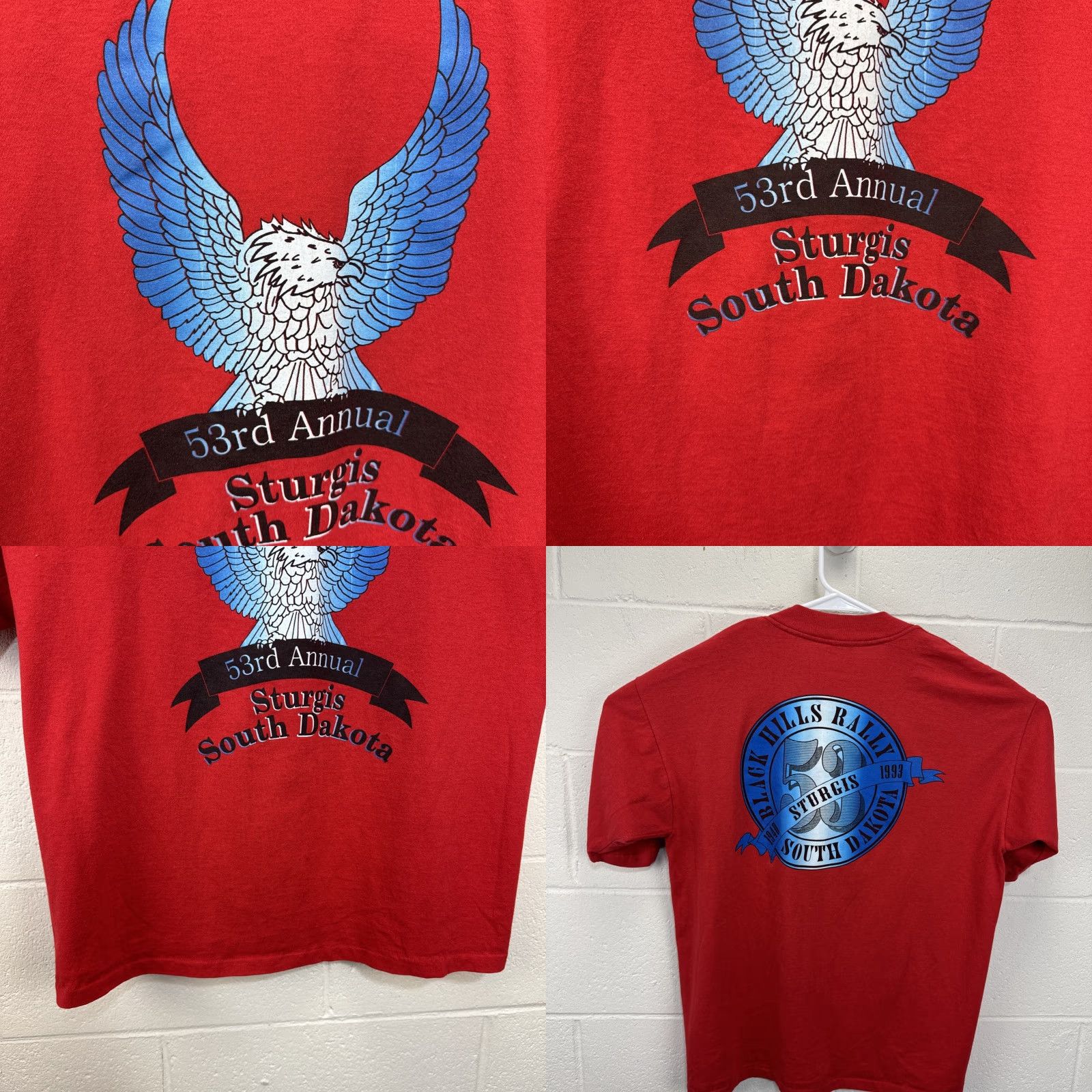Vintage VINTAGE 90s BLACK HILLS 53TH ANNUAL MOTORCYCLE RALLY STURGIS T Shirt Red Eagle L Unisex Adult, Shirt, 1990s, Graphic Tee, Grunge, 100% Cotton Size US L / EU 52-54 / 3 - 8 Thumbnail