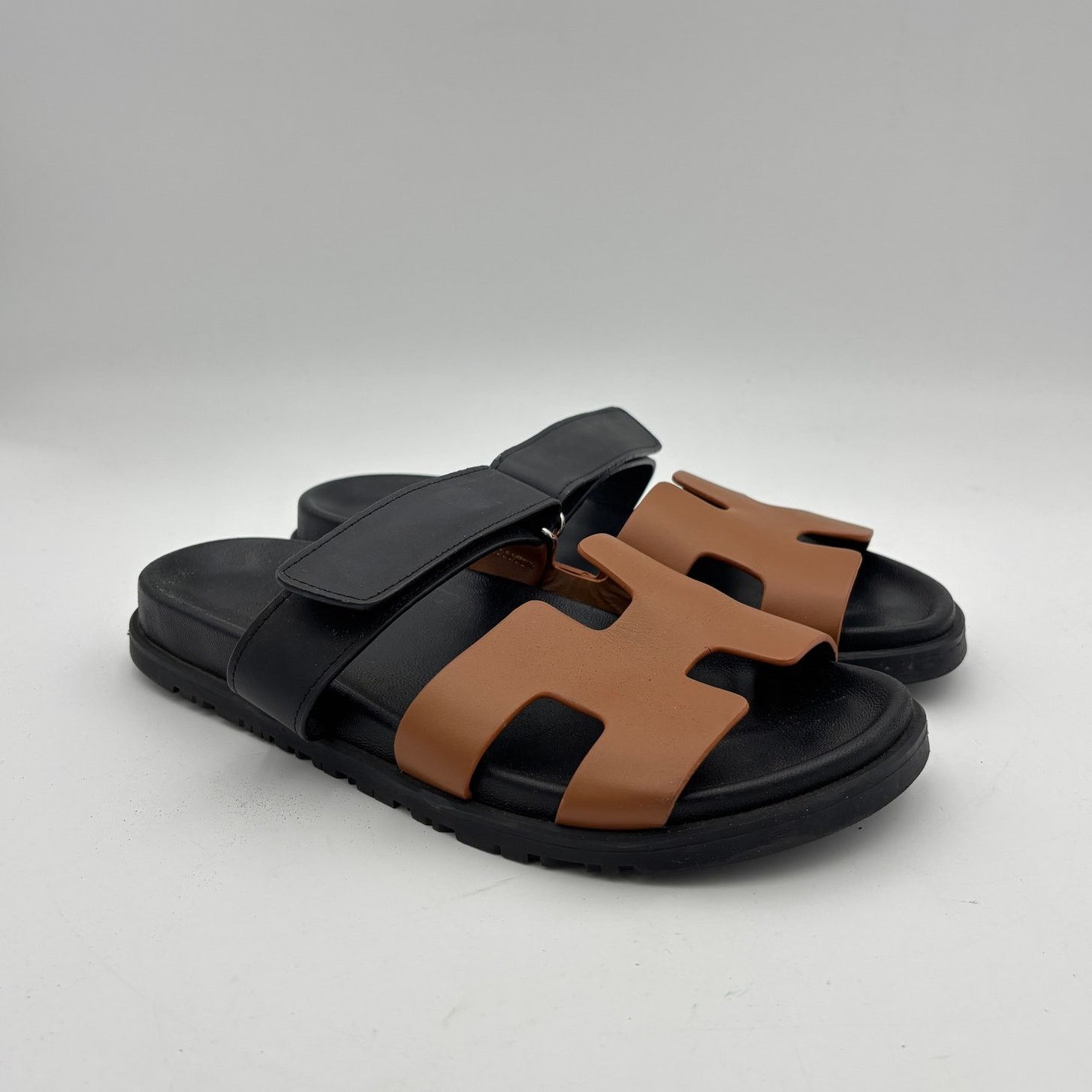 Hermes Chypre Black Brown Leather Sandals Slides Men's 42 - Main Image
