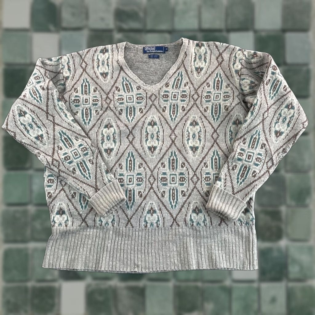 Polo Ralph Lauren VINTAGE Polo Ralph Lauren Sweater Men M V-Neck Aztec Navajo Linen Wool Silk Geometric Pullover Size US M / EU 48-50 / 2 - 1 Thumbnail