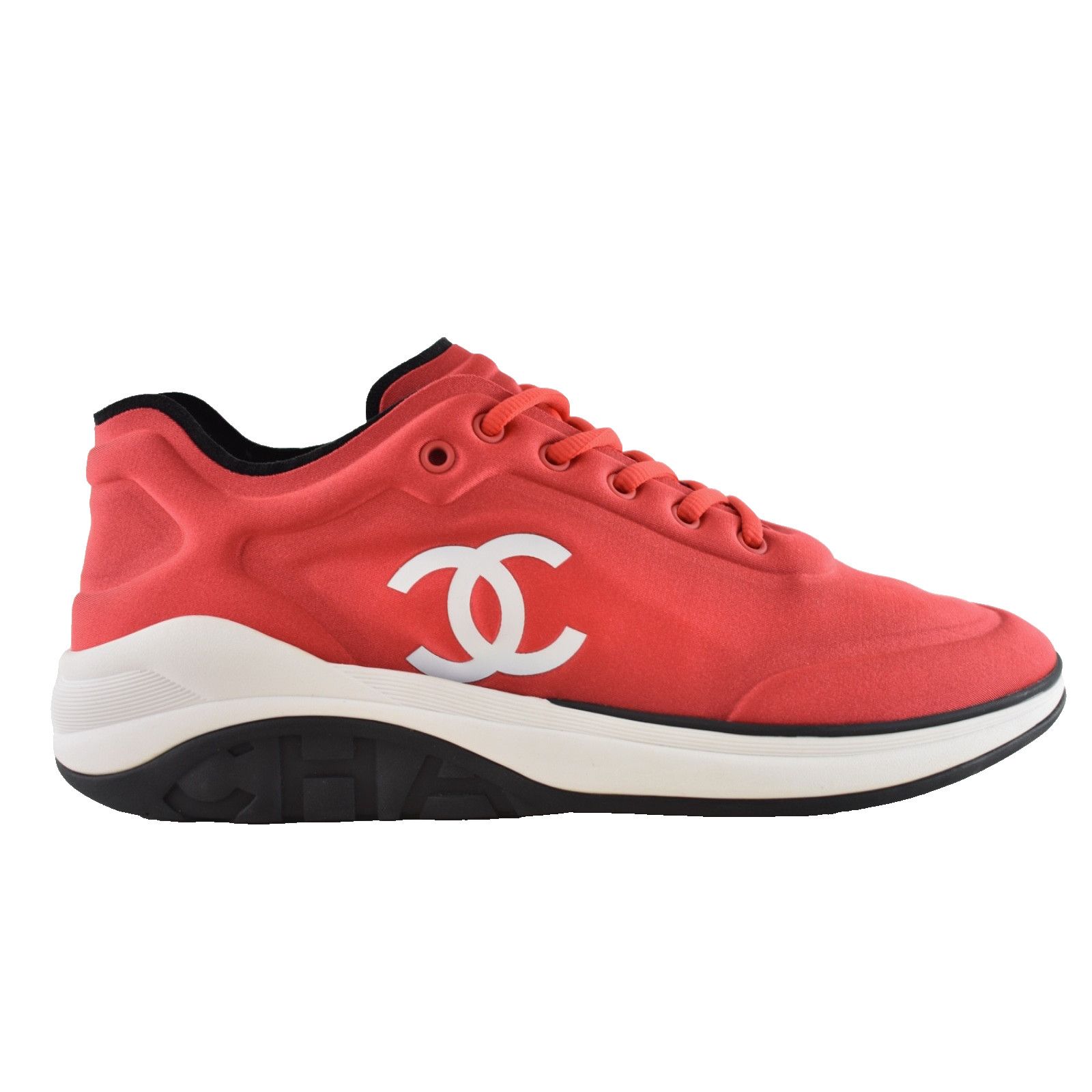 Chanel Mens 19P Red Lycra White Black CC Logo Lace Low