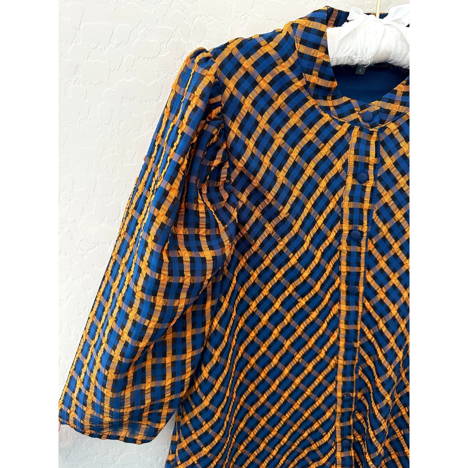 Anthropologie × Eva Franco ANTHROPOLOGIE Orange Blue Button Front Textured Plaid Blouse Size S / US 4 / IT 40 - 3 Thumbnail