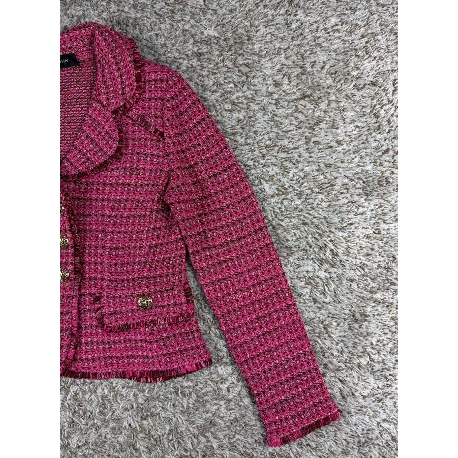 St. John St. John Collection Blazer Jacket Sz S Pink Bouclé Knit Fringe Trim Gold Buttons Women Size S / US 4 / IT 40 - 4 Thumbnail