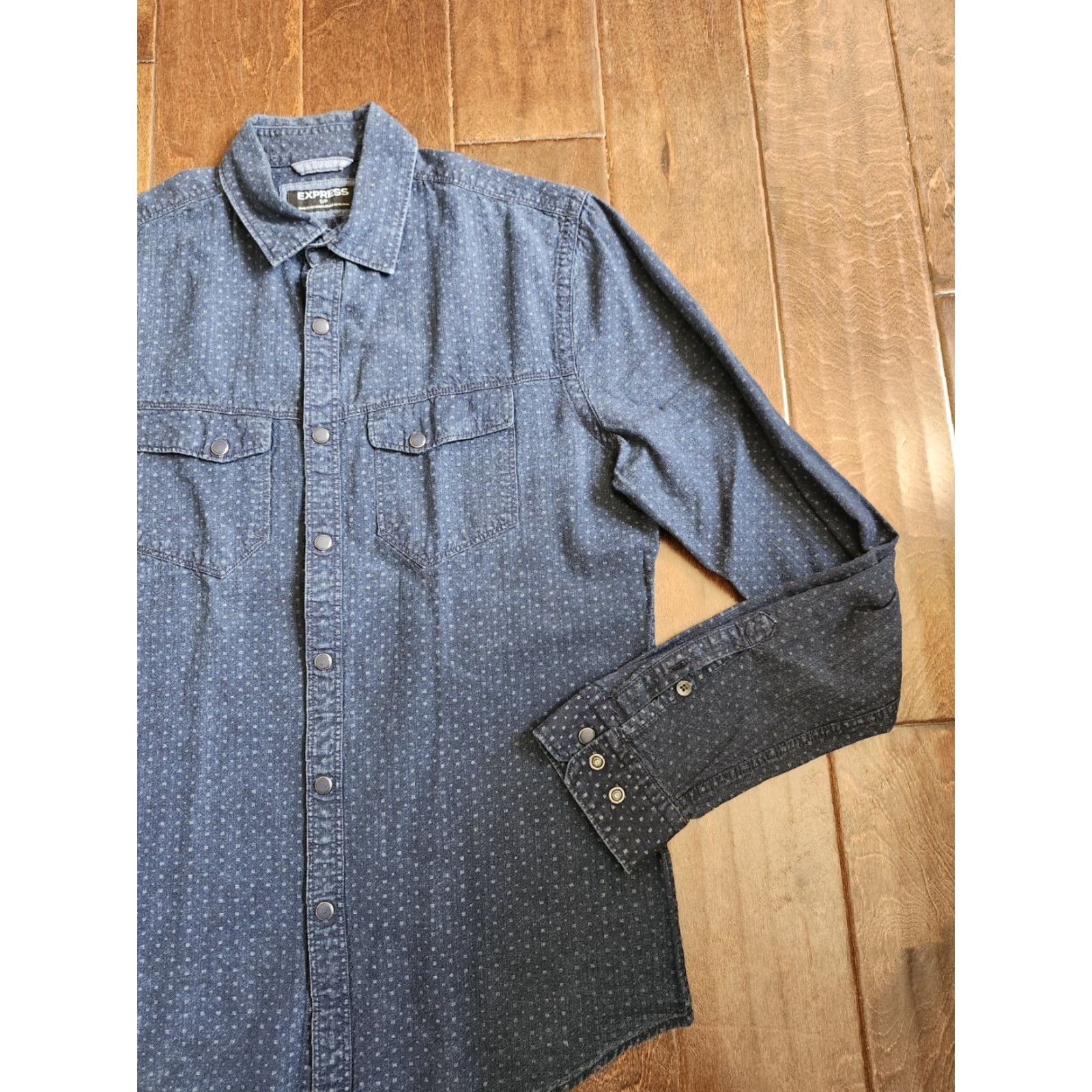 Express Express Shirt Blue Long Sleeve Button Dress Shirt S/P Mens Regular 100% Cotton Solid Collared Size 36R - 3 Thumbnail