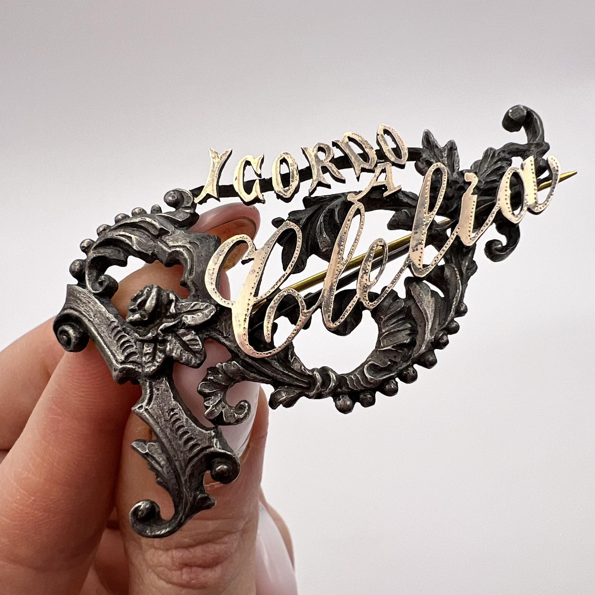 Antique Victorian Style Monogram Pin Brooch Silver Italy