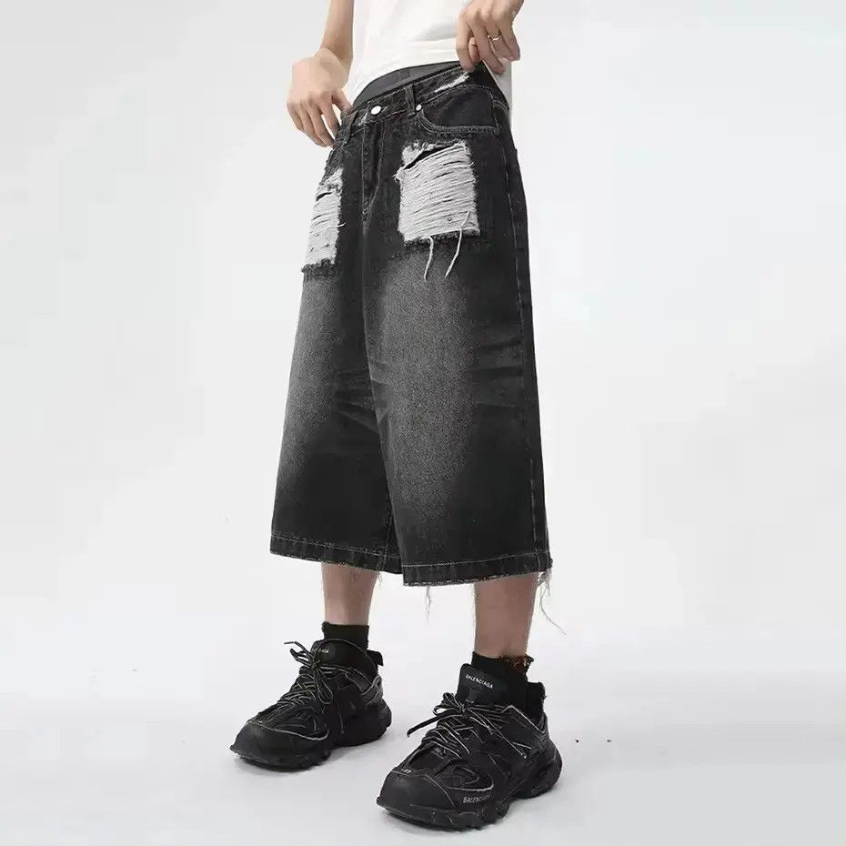 Japanese Brand Baggy Denim Ripped Whiskers Thread Jorts Shorts y2k Size US 32 / EU 48 - 3 Thumbnail