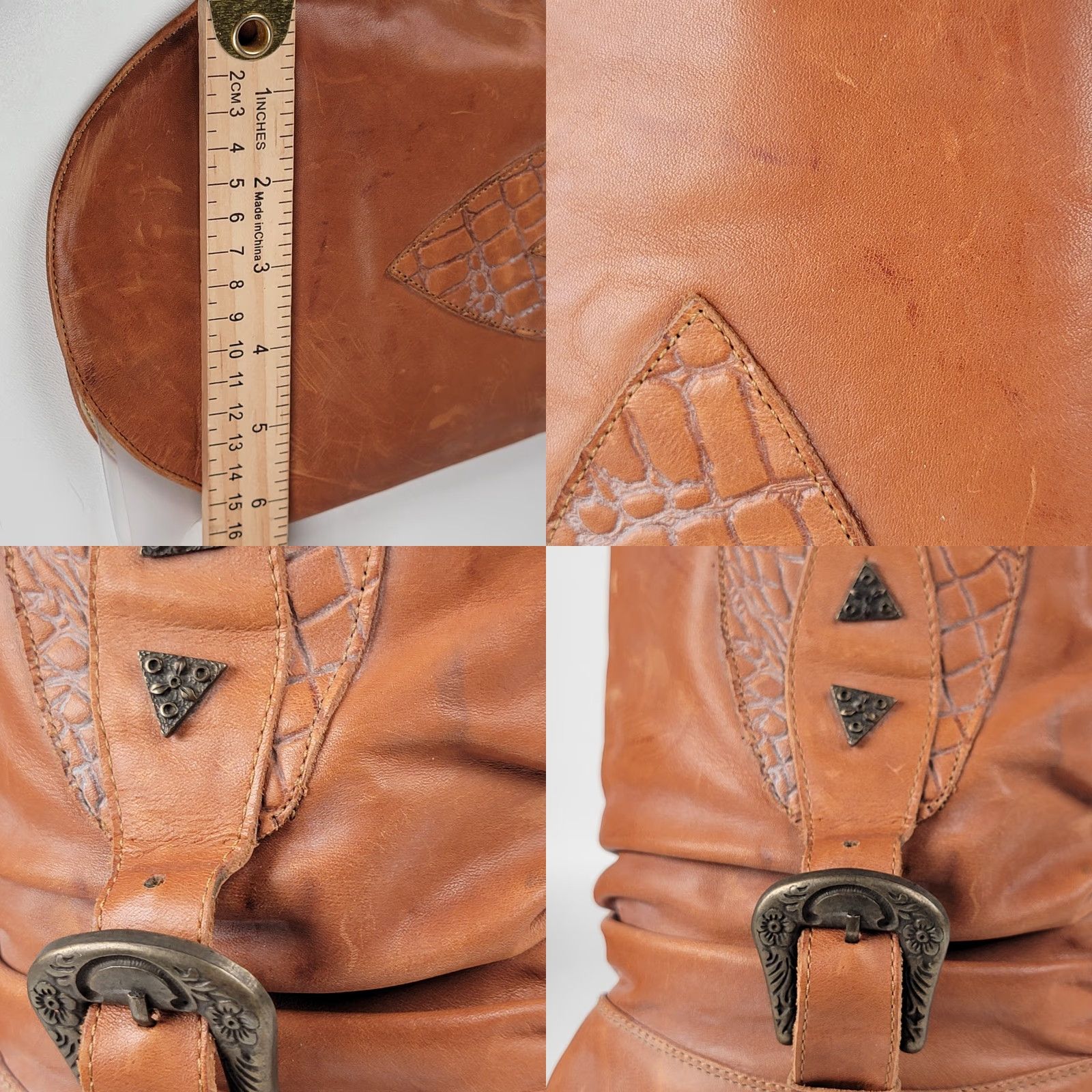 Vintage VINTAGE Wild World Boots Leather Brown Mid-Calf Women 36/6 Casual Party/Cocktail Almond Toe Studded Pull On Flat Heel Riding Boot Italy Womens Size US 6 / IT 36 - 9 Thumbnail