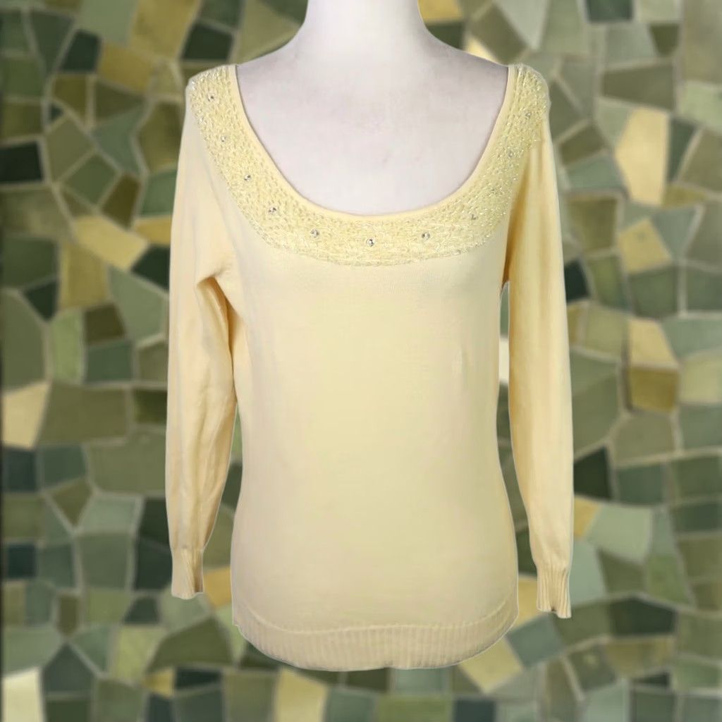Vintage VINTAGE The Limited Beaded Collar Trim Butter Yellow Sweater M Women Long Sleeve Knit Cotton Nylon Spandex Pullover Size M / US 6-8 / IT 42-44 - 1 Thumbnail