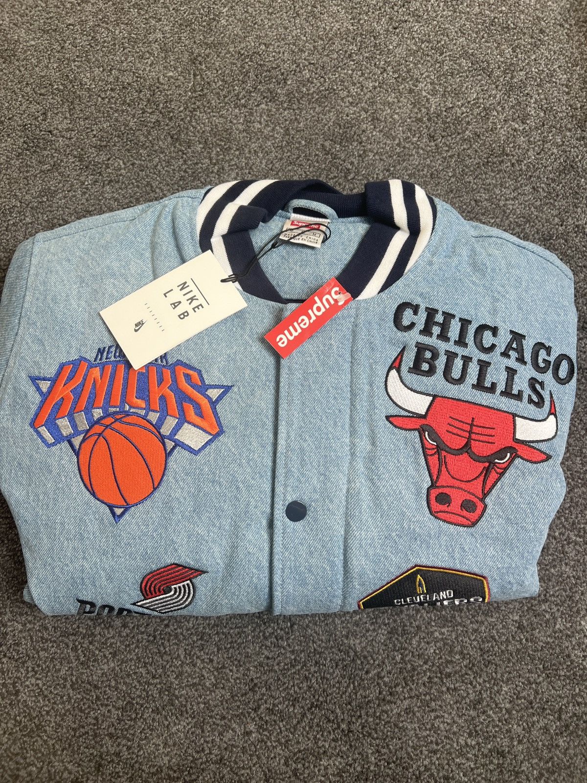 image of Supreme Nba Denim Varsity Jacket Medium in Blue, Men's