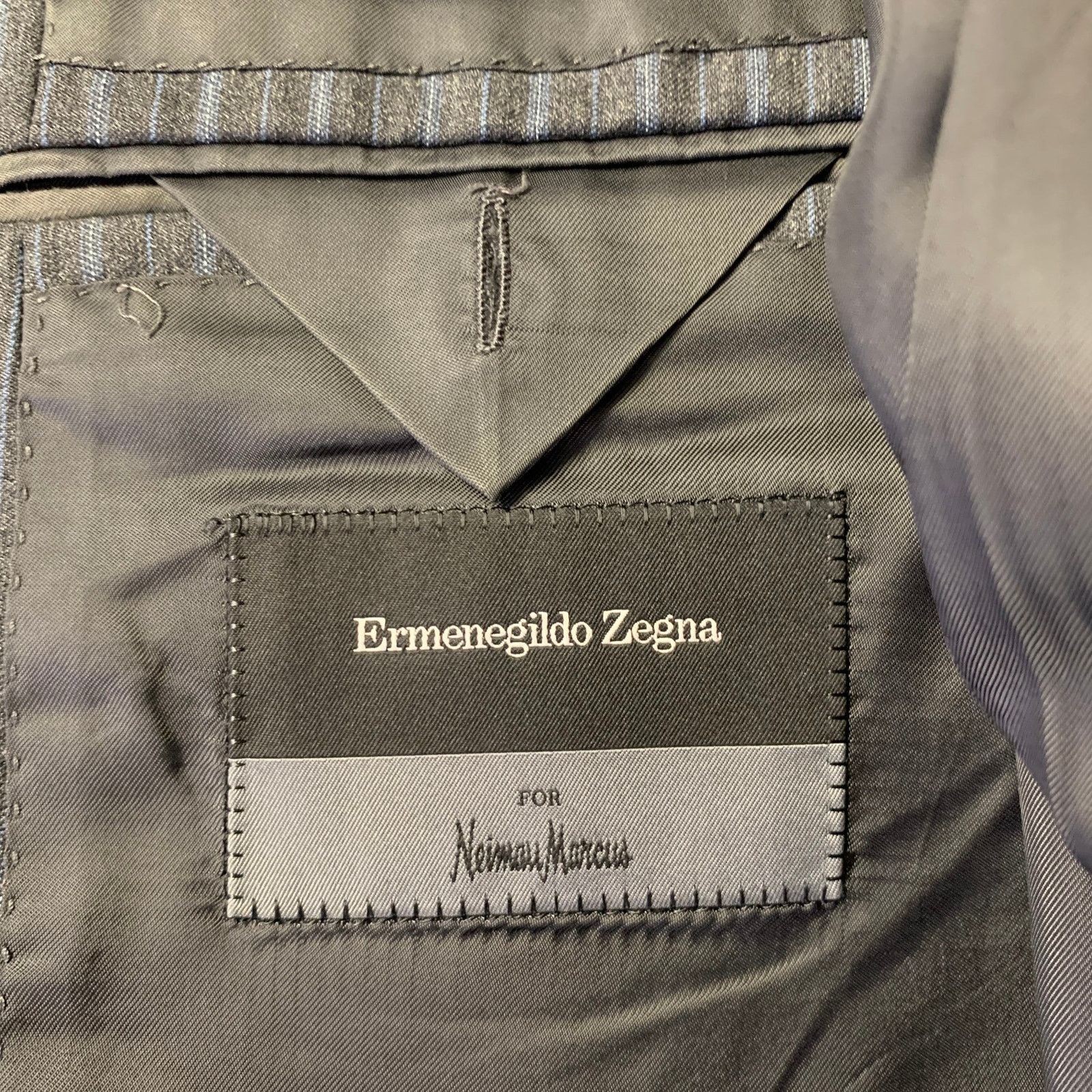 Ermenegildo Zegna ERMENEGILDO ZEGNA Grey Blue Stripe Wool Notch Lapel Suit Size 52L - 9 Thumbnail