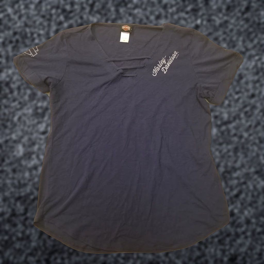 Harley Davidson Harley-Davidson Women's XL V-Neck T Shirt Double Sided Blue Logo Augusta GA Size XL / US 12-14 / IT 48-50 - 1 Thumbnail