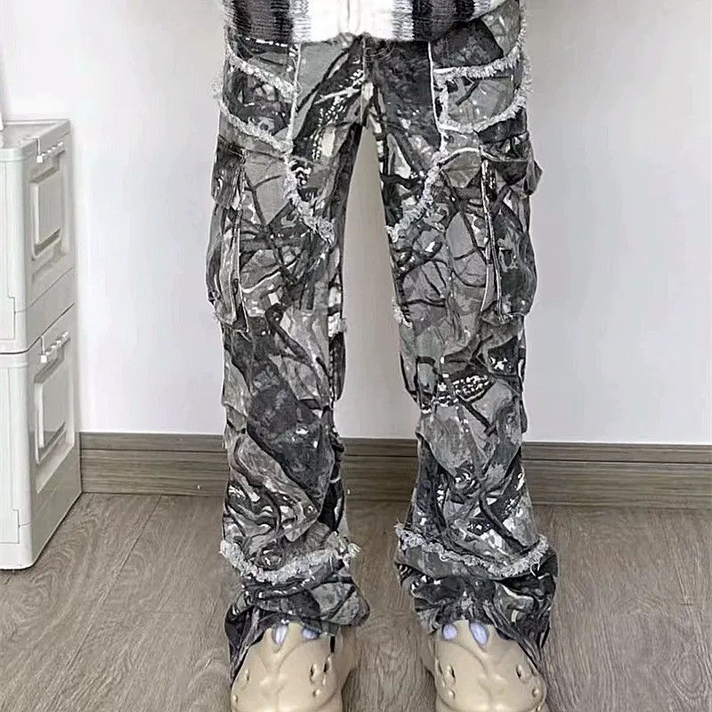 image of Flared Camo Jeans Cargo Pants in Grey, Men's (Size 33)