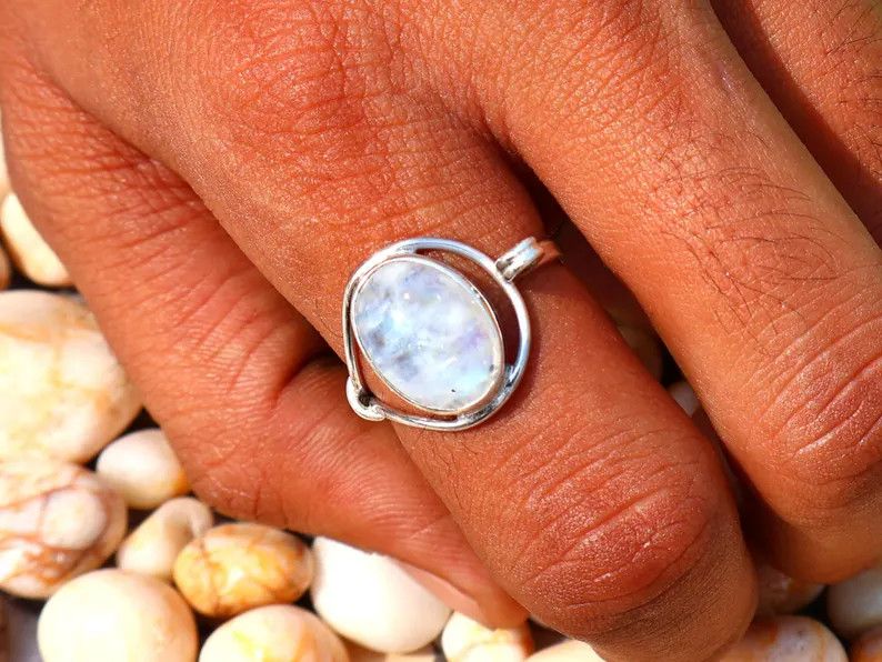 Handmade Rainbow Oval Moonstone Ring, Handmade Sterling Silver Ring Size ONE SIZE - 7 Thumbnail
