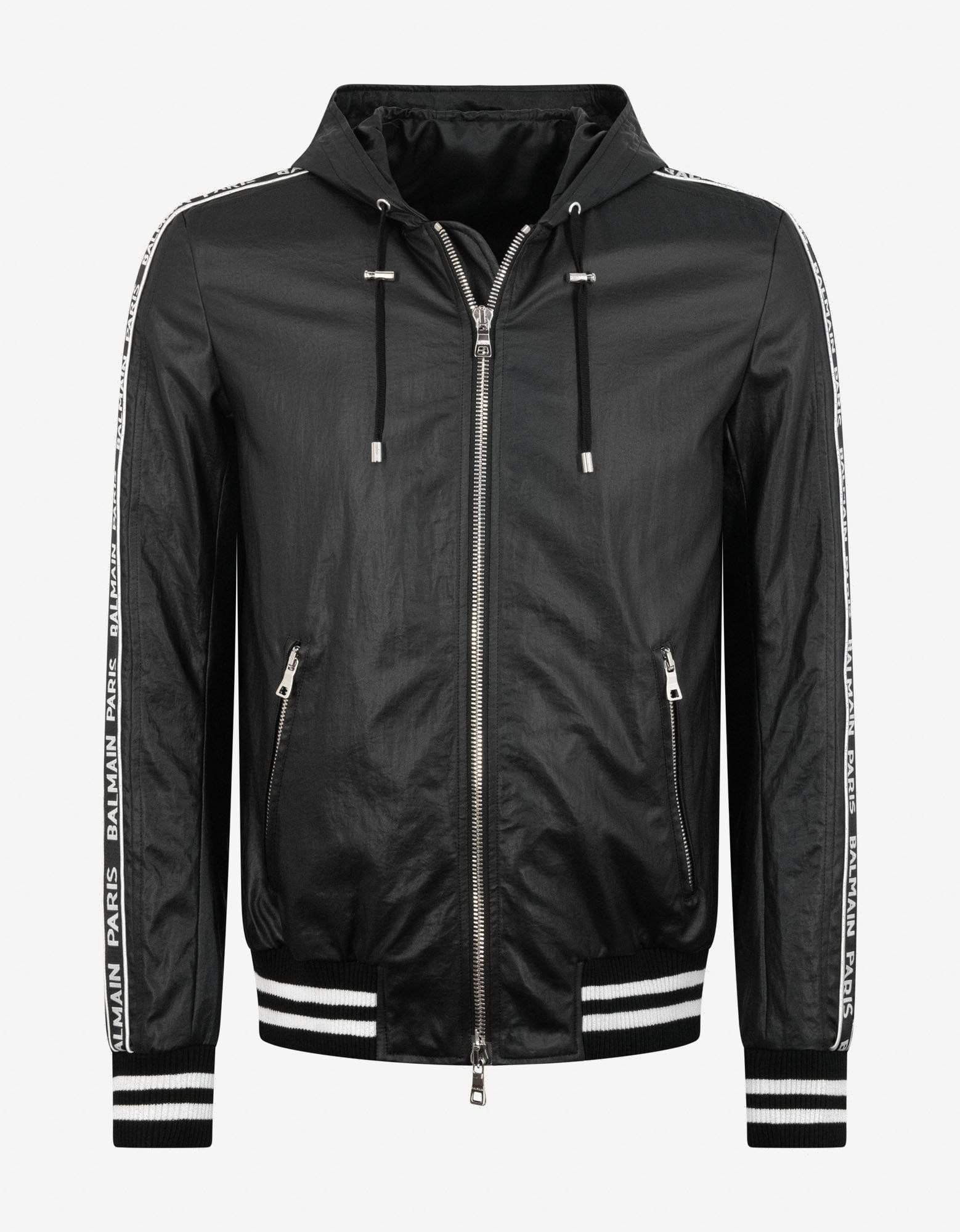 image of Balmain Black Coated Nylon Logo Band Jacket Size 46, Men's