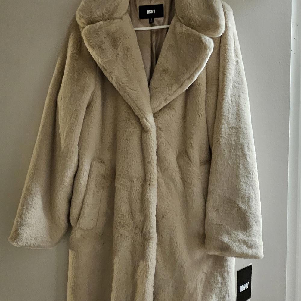DKNY DKNY Women Faux Fur Coat Cream Plush Luxe Lined Vegan Size S / US 4 / IT 40 - 2 Thumbnail