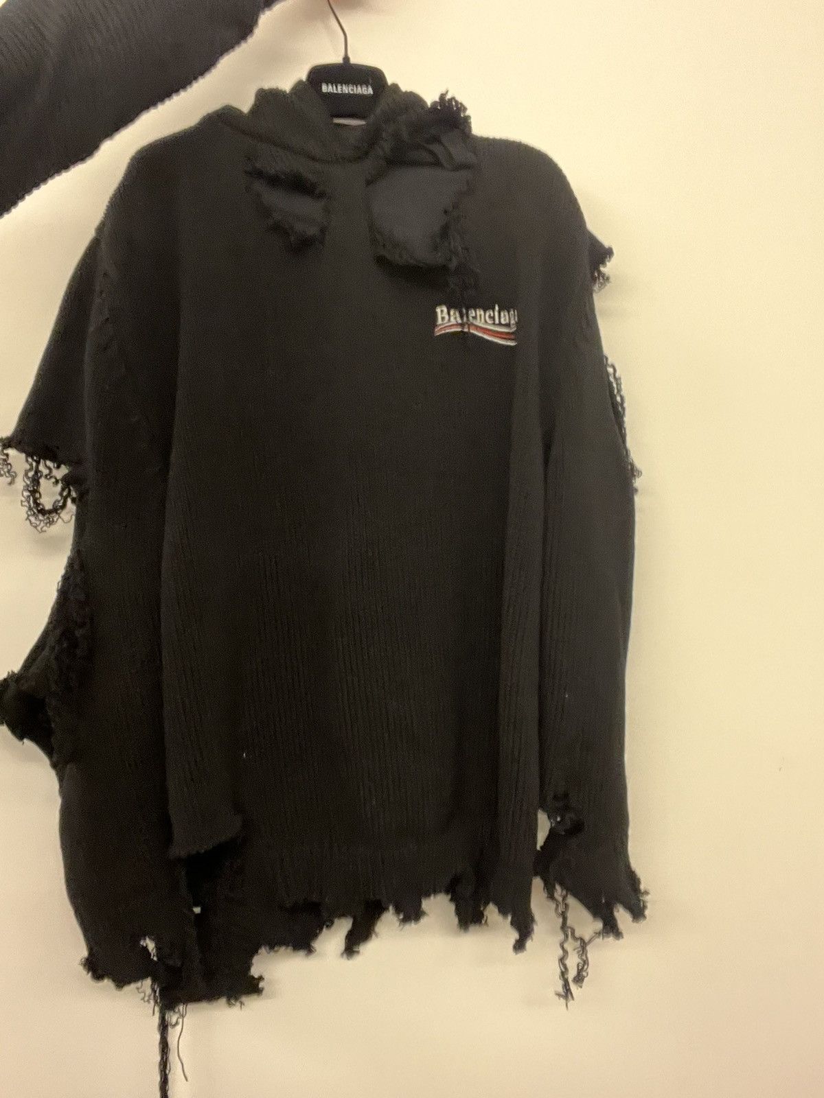 Image of Balenciaga Distressed Knit Hoodie in Black, Men's (Size XL)