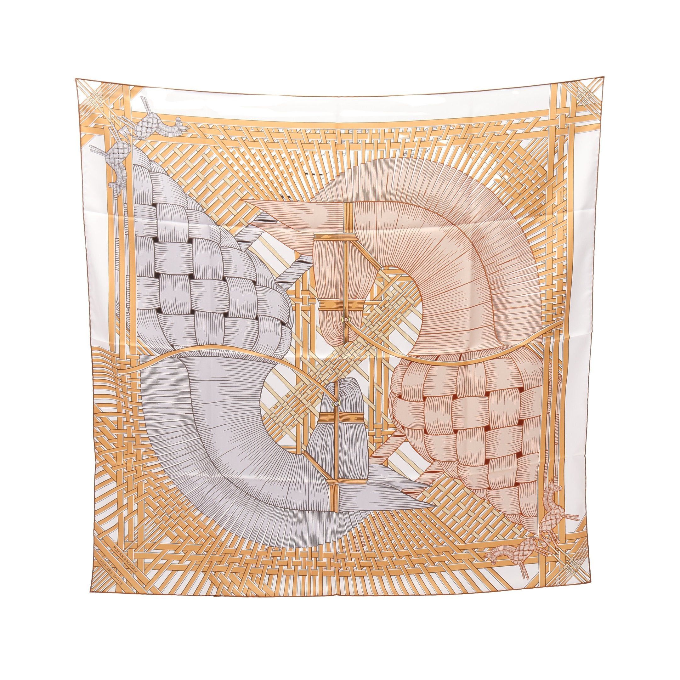 Hermes Hermes Carres 90 Masan&Masan Scarf Silk Beige Gray Brown Size ONE SIZE - 1 Thumbnail