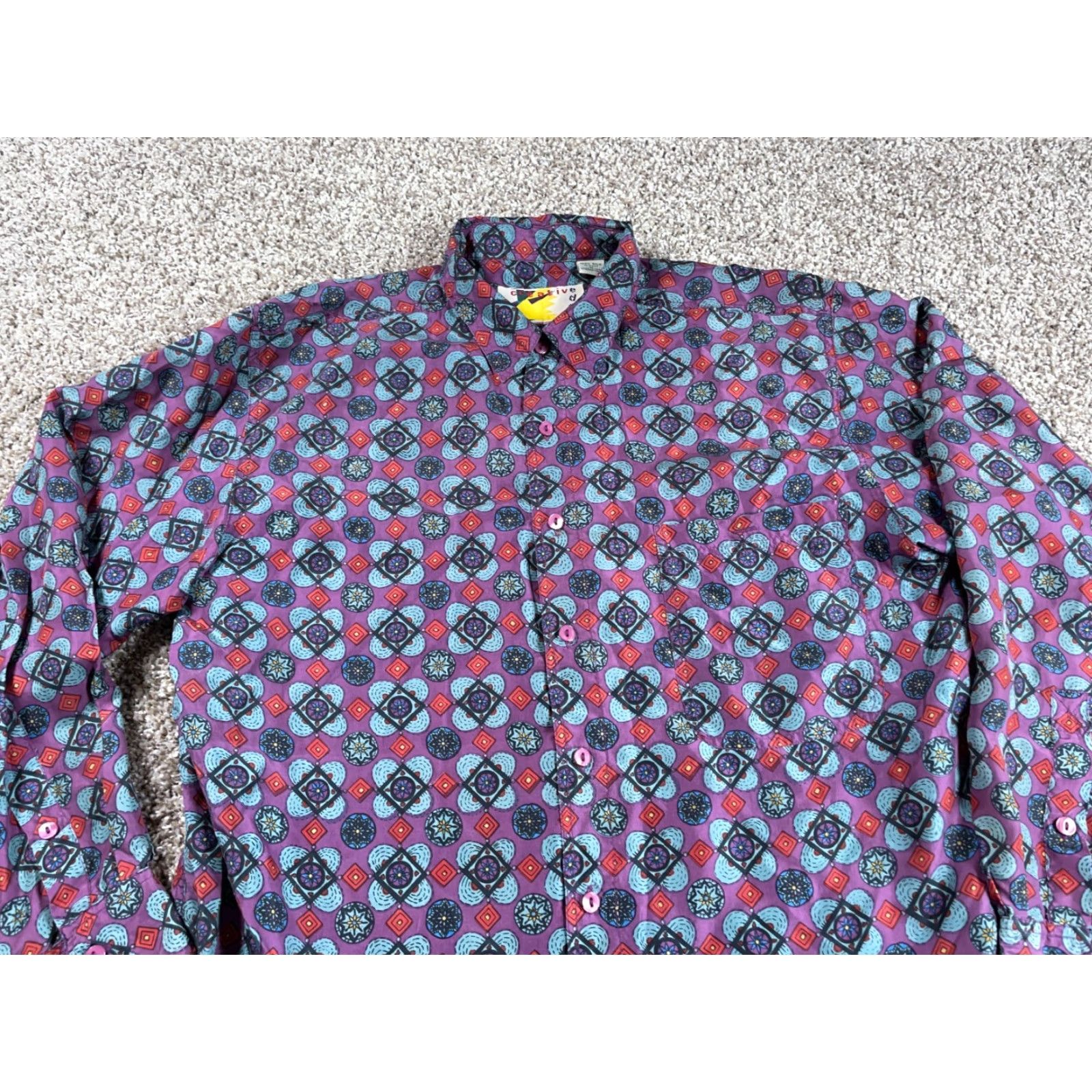 Vintage VINTAGE Creative Edge Silk Shirt Mens Medium Purple Blue Geometric Flower 90s Hippie Retro Button-Up Long Sleeve Collared Size US M / EU 48-50 / 2 - 4 Thumbnail