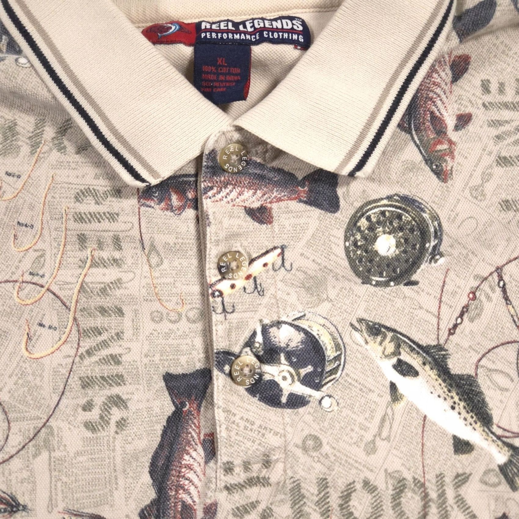 Vintage Reel Legends Polo Shirt Mens XL Beige Fishing Graphic Allover Print Cotton Size US XL / EU 56 / 4 - 4 Thumbnail