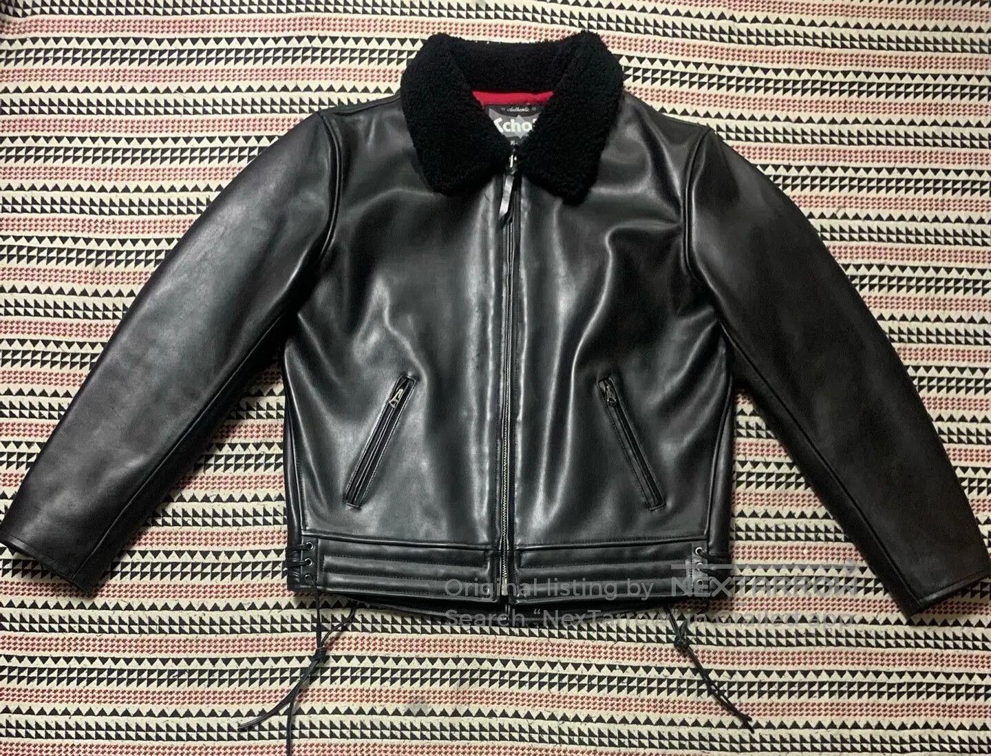 Schott black leather motorcycle jacket with fur collar. Size US L / EU 52-54 / 3 - 1 Thumbnail