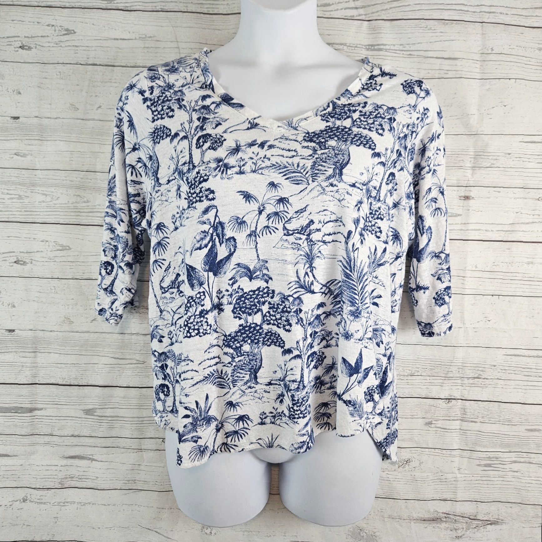Nicole Miller Nicole Miller Womens Blouse 1X Linen Top 3/4 Sleeve Multicolor Tree Print Blue White Shirt Womens Size XL / US 12-14 / IT 48-50 - 2 Thumbnail