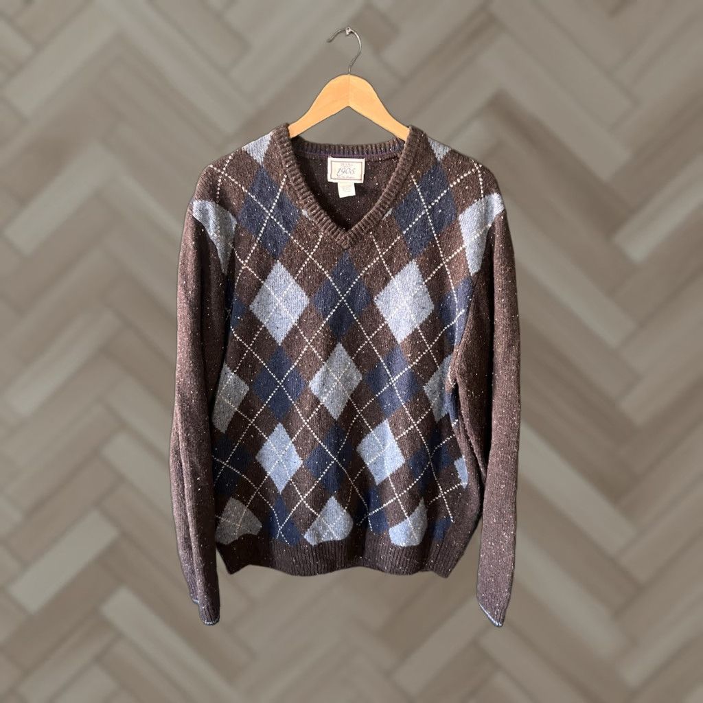 Jos. A. Bank Jos. A. Bank Sweater Mens XL Brown Wool Argyle Pullover V-Neck Casual Preppy All Seasons Regular Fit Size US XL / EU 56 / 4 - 1 Thumbnail