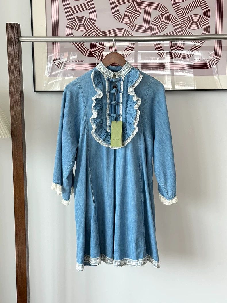 Gucci Blue lace ruffle denim long-sleeved dress