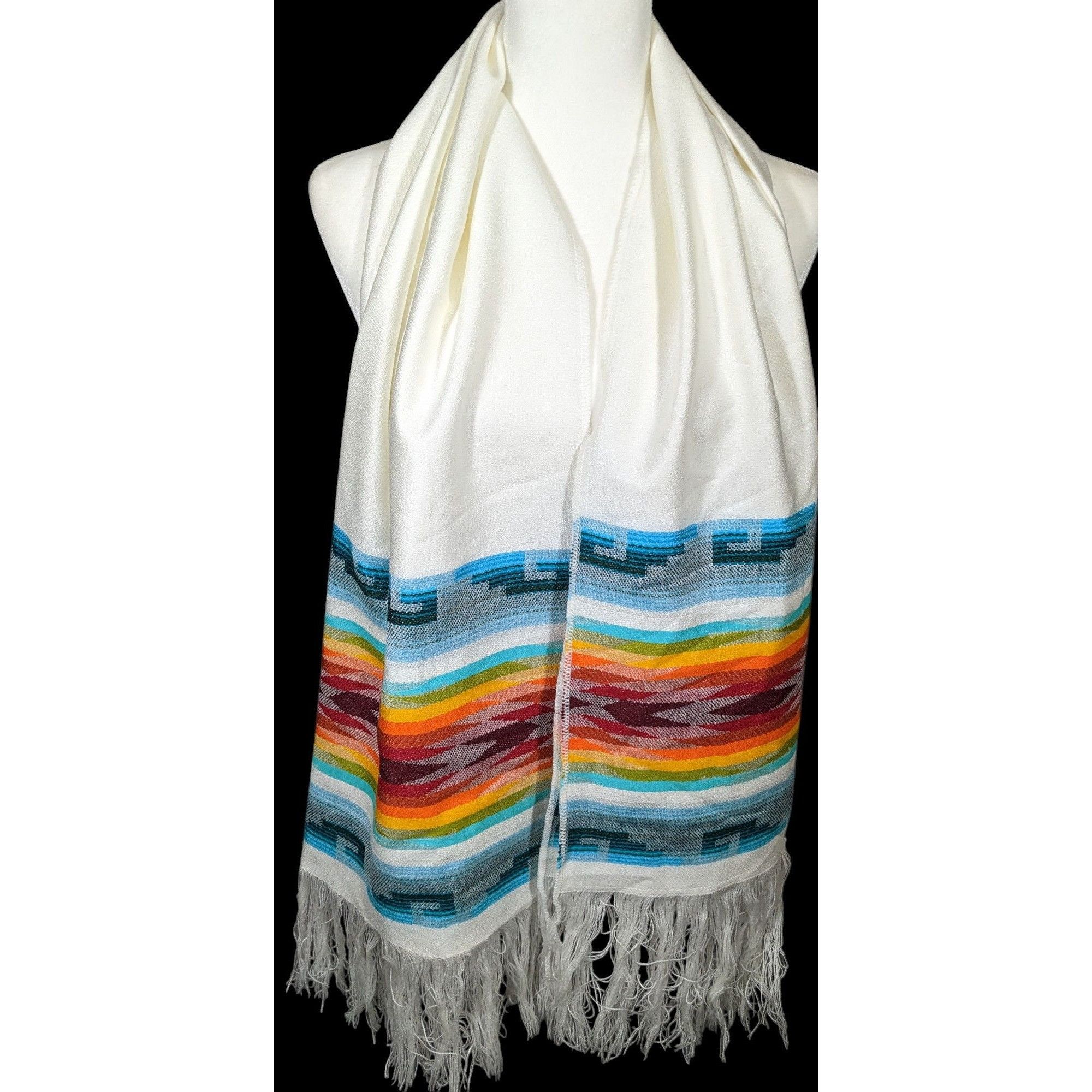 Other Handwoven Southwestern White And Rainbow Scarf With Fringe Size ONE SIZE - 3 Thumbnail