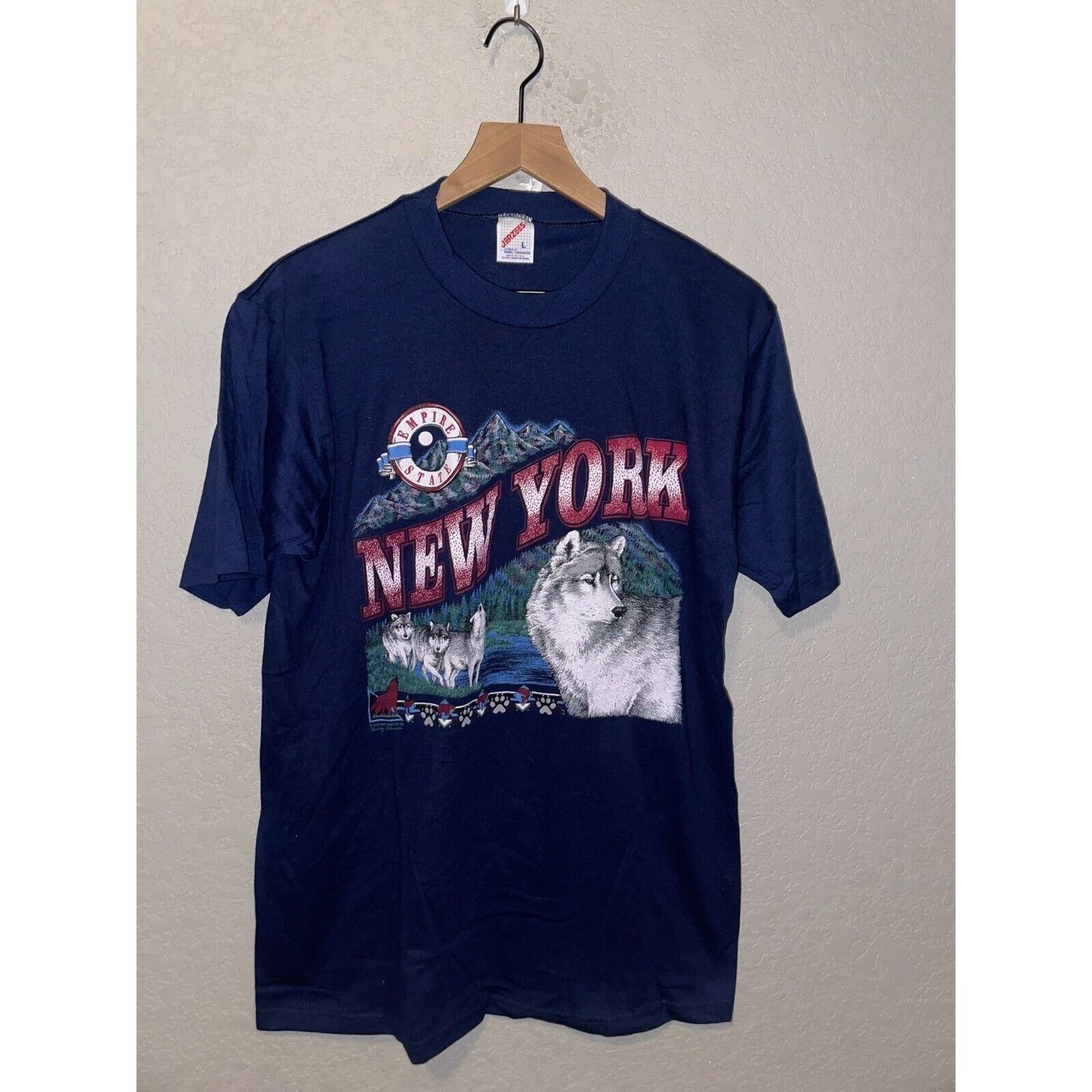Jerzees Vintage New York Wolf Shirt Empire State Nature Blue 90s L Size US L / EU 52-54 / 3 - 1 Thumbnail