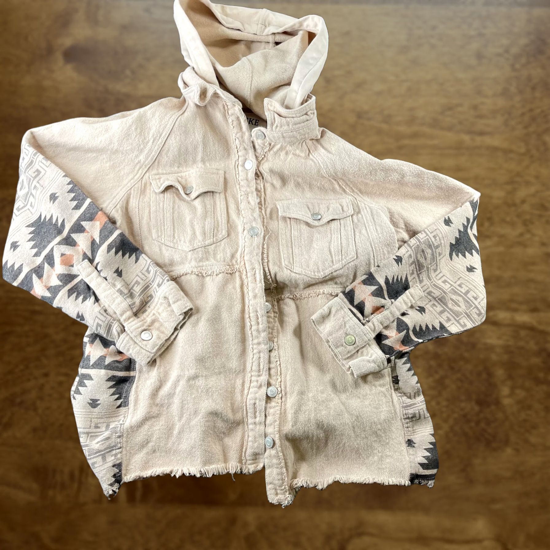 BKE BKE Jacket Womens Small Beige Hooded Southwestern Snap Front Fringe Twill Casual Size S / US 4 / IT 40 - 1 Thumbnail