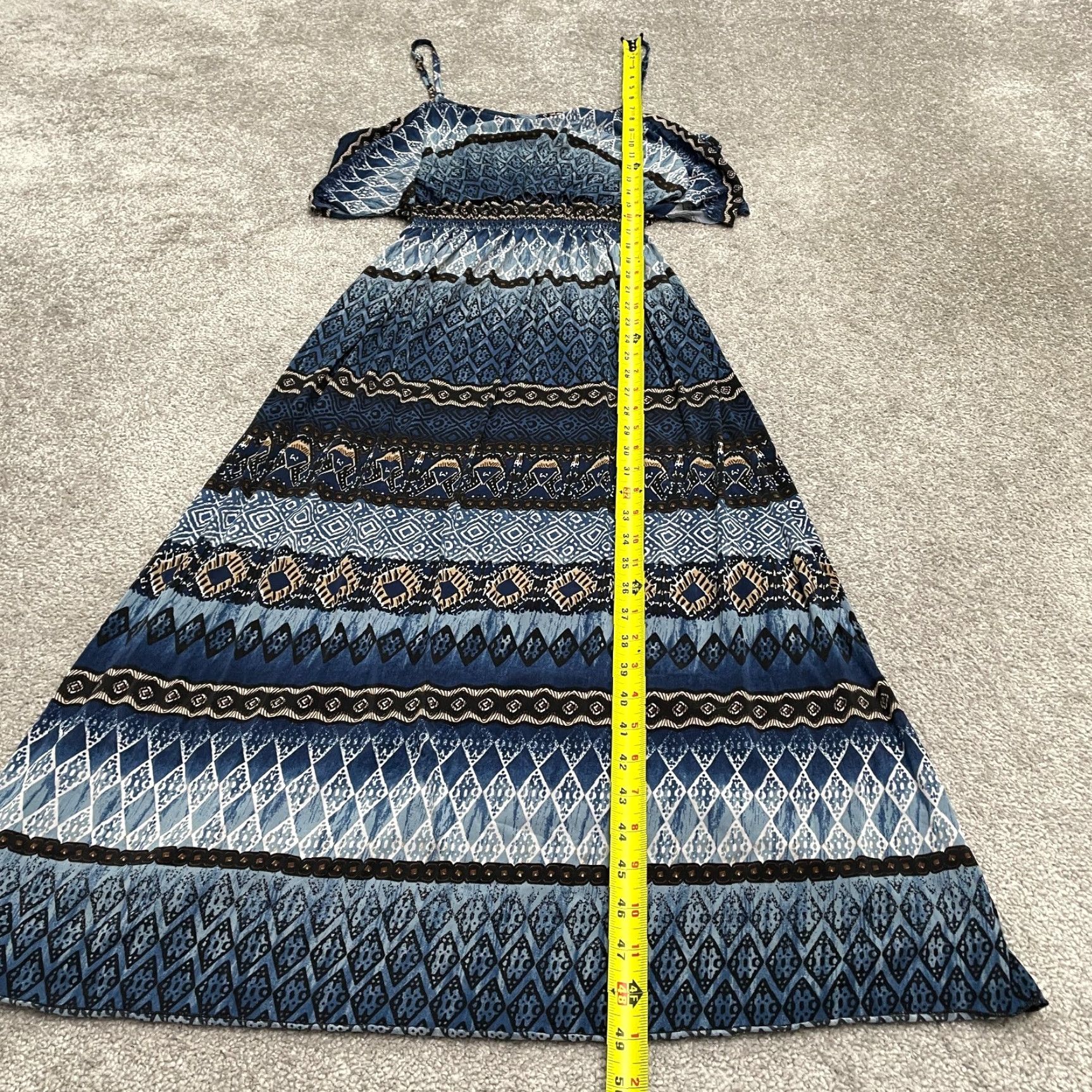 Vintage West Loop Maxi Dress Women M Blue Cold Shoulder Geometric Aztec Casual Knit Polyester Spandex Size M / US 6-8 / IT 42-44 - 4 Thumbnail